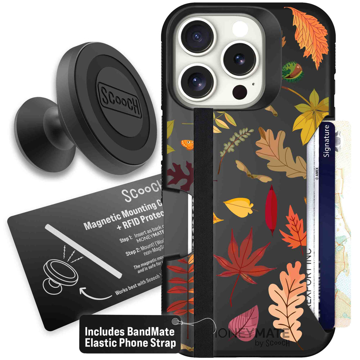 Autumn Leaves multicolored fall foliage pattern on a charcoal Scooch Moneymate case for iPhone 16 Pro - Starter Bundle