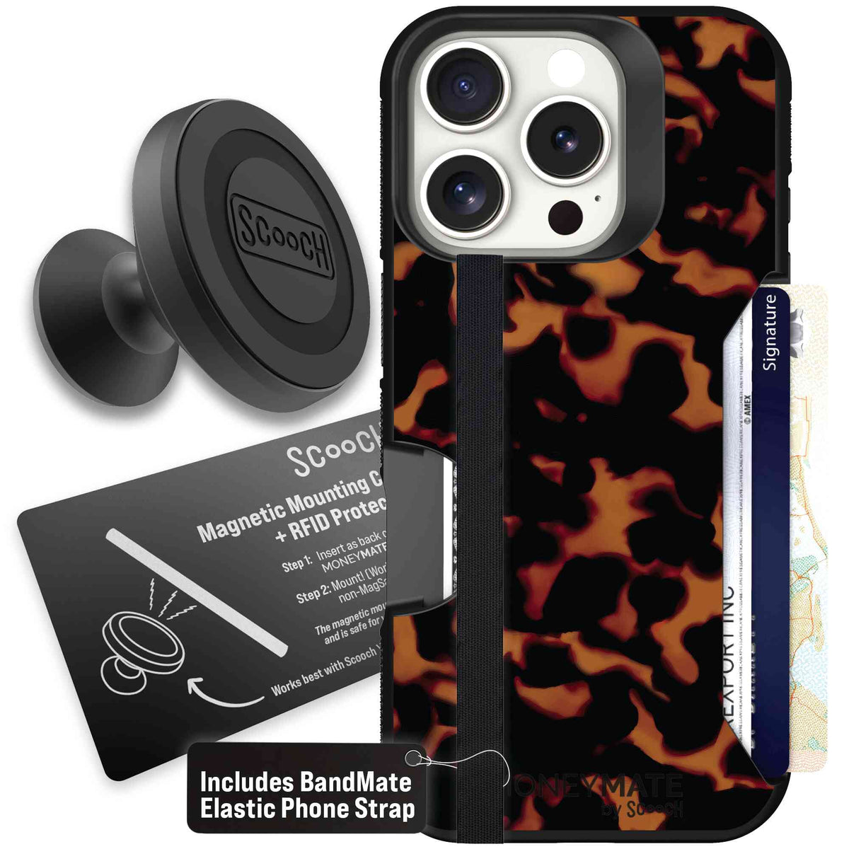 Tortoise Shell amber brown and black mottled pattern on a Scooch Moneymate case for iPhone 16 Pro - Starter Bundle