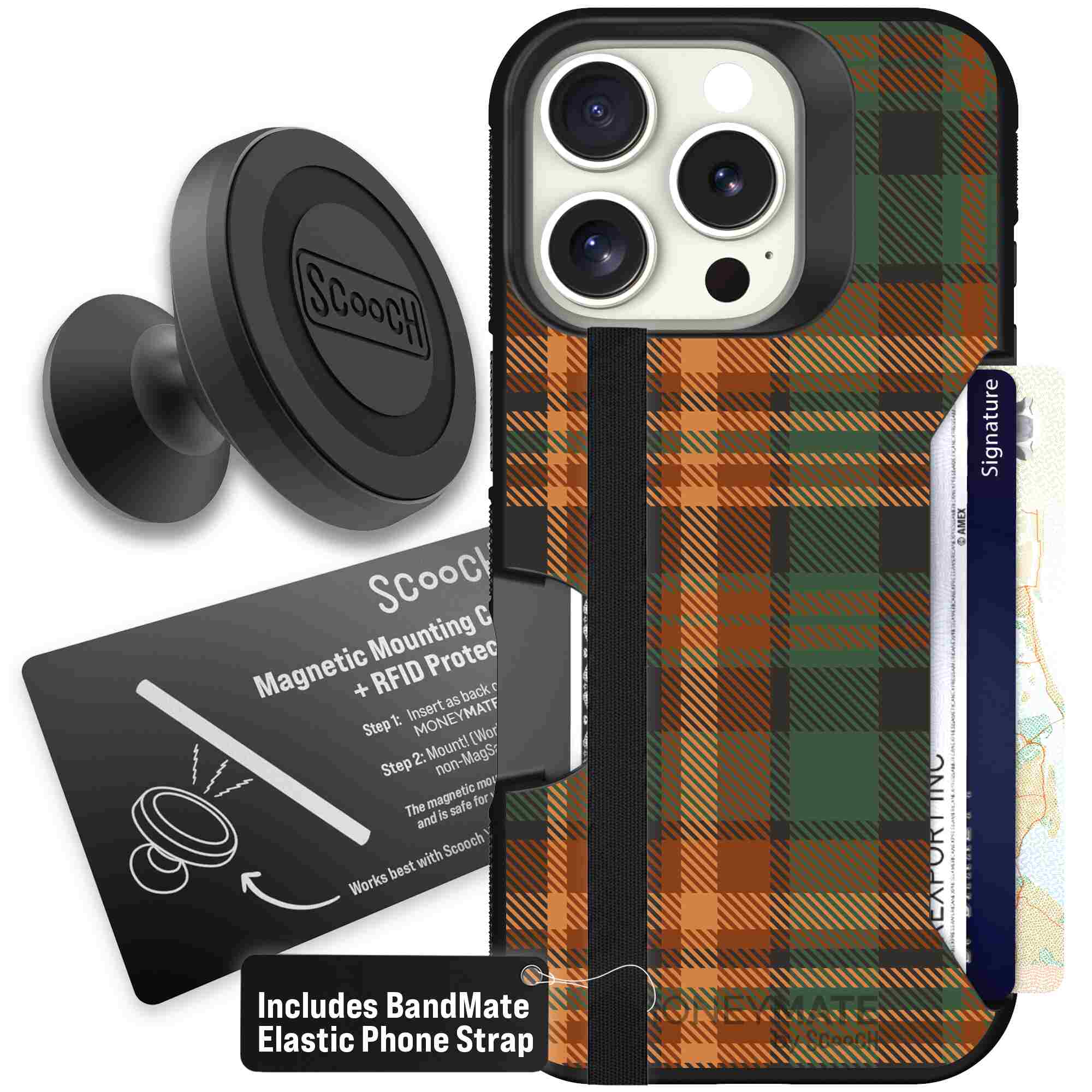 Fall Flannel orange and brown plaid pattern on a Scooch Moneymate case for iPhone 16 Pro - Starter Bundle