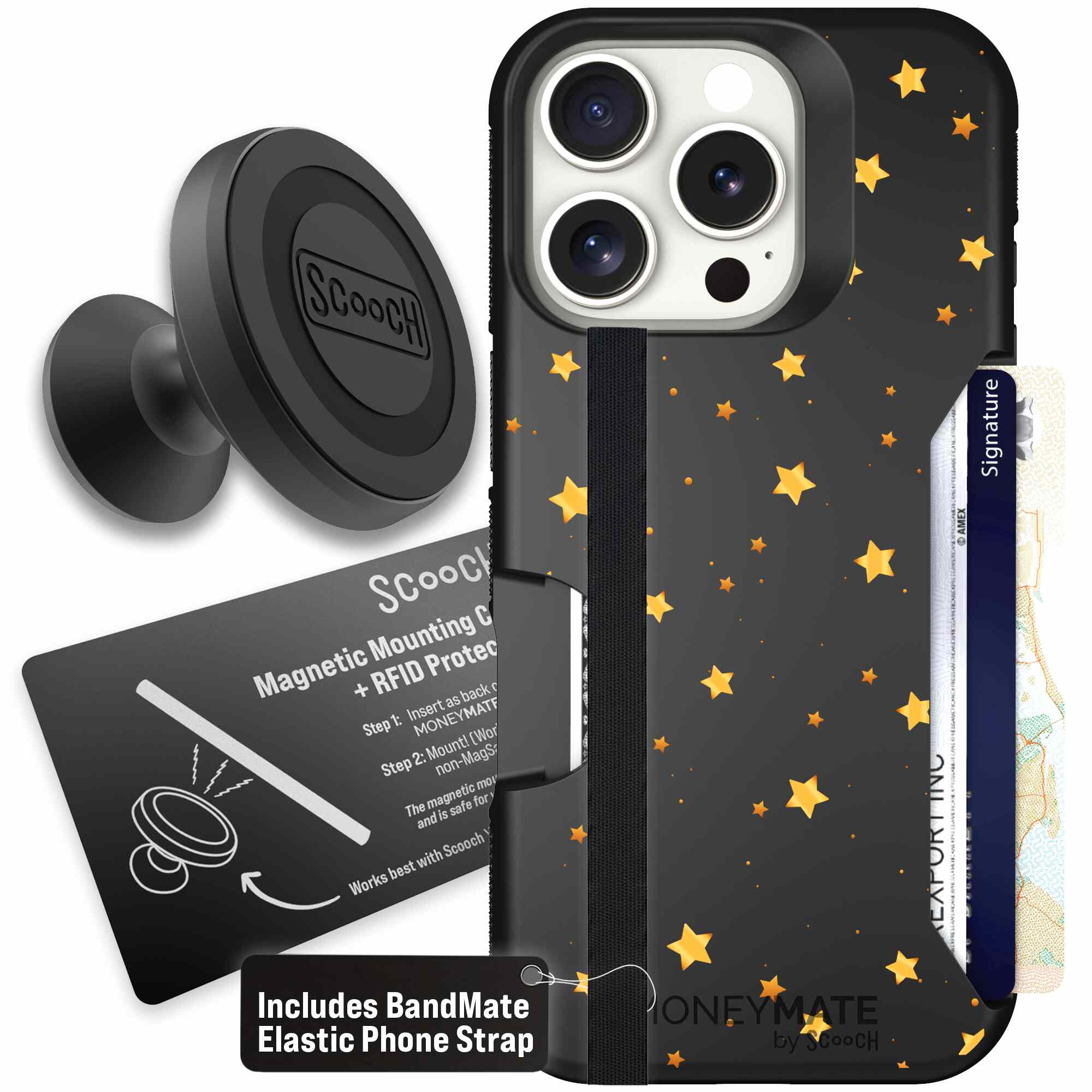 Gold Stars yellow and gold star pattern on a charcoal Scooch Moneymate case for iPhone 16 Pro - Starter Bundle