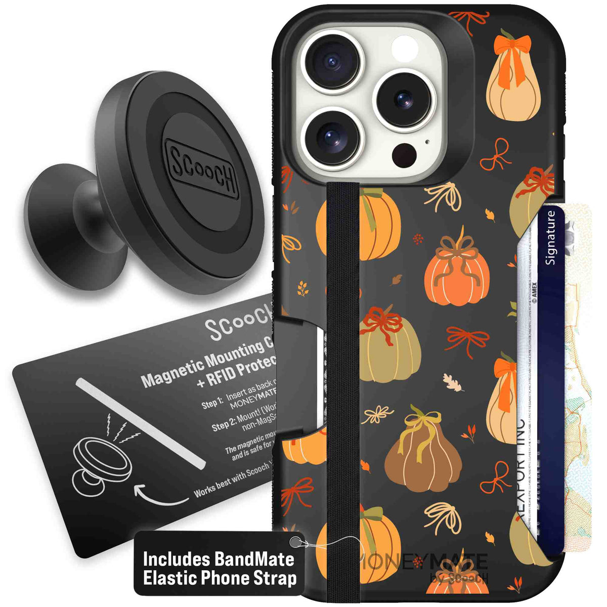 Pretty Pumpkins orange pumpkin and bow pattern on a Scooch Moneymate case for iPhone 16 Pro - Starter Bundle
