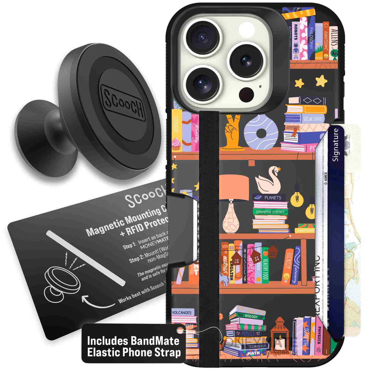 Little Library colorful book and bookshelf pattern on a Scooch Moneymate case for iPhone 16 Pro - Starter Bundle