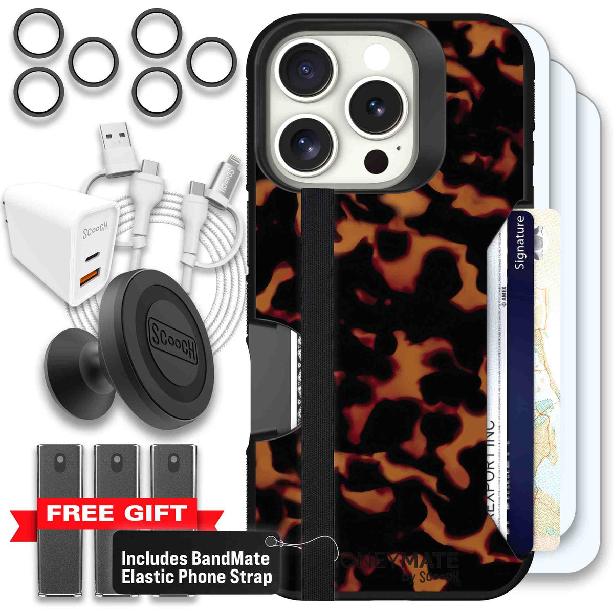 Tortoise Shell amber brown and black mottled pattern on a Scooch Moneymate case for iPhone 16 Pro - Ultimate Bundle