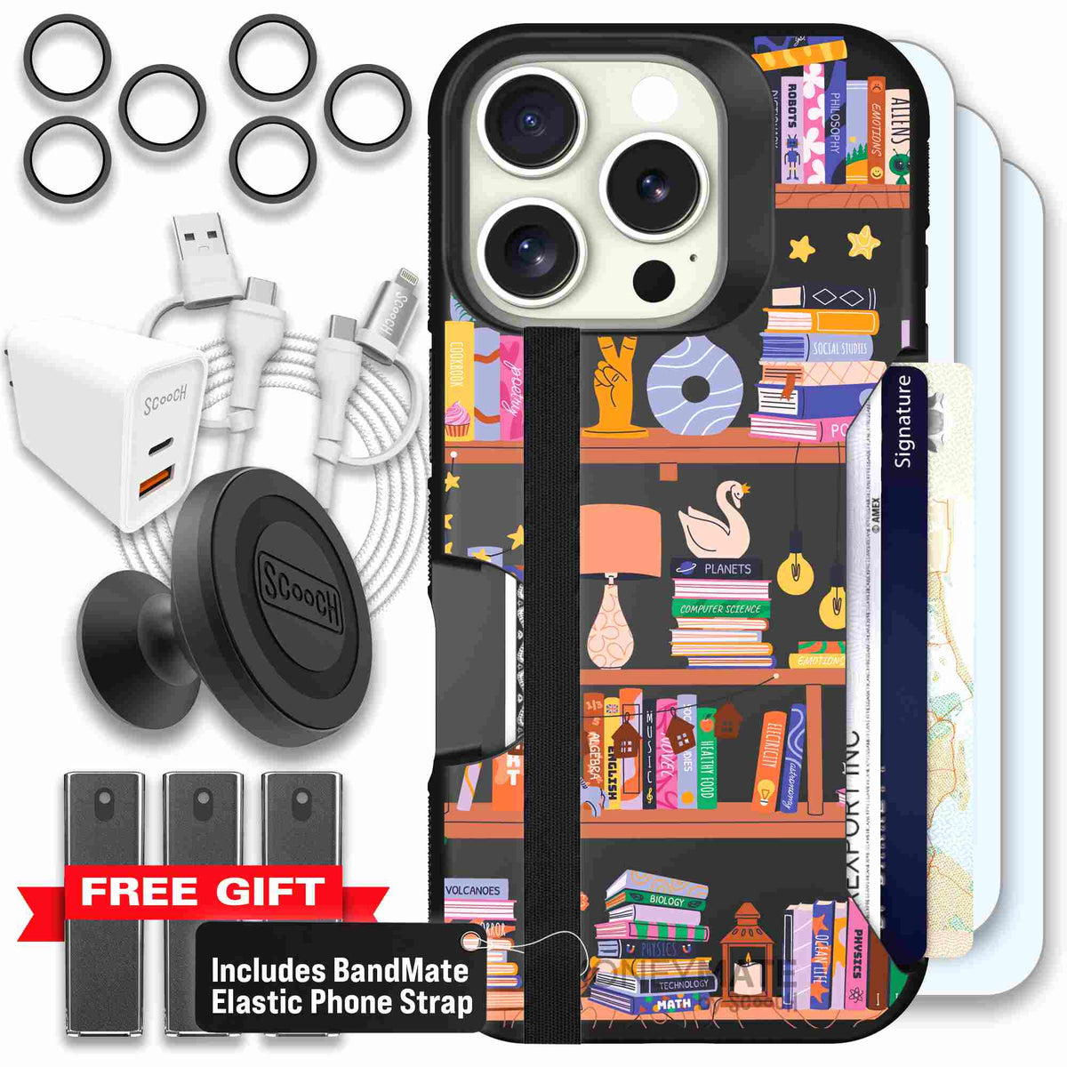 Little Library colorful book and bookshelf pattern on a Scooch Moneymate case for iPhone 16 Pro - Ultimate Bundle