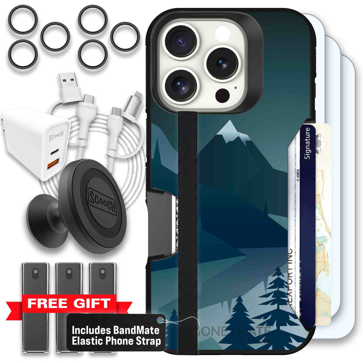 Midnight Ridge layered blue mountains and evergreen trees on a Scooch Moneymate case for iPhone 16 Pro - Ultimate Bundle
