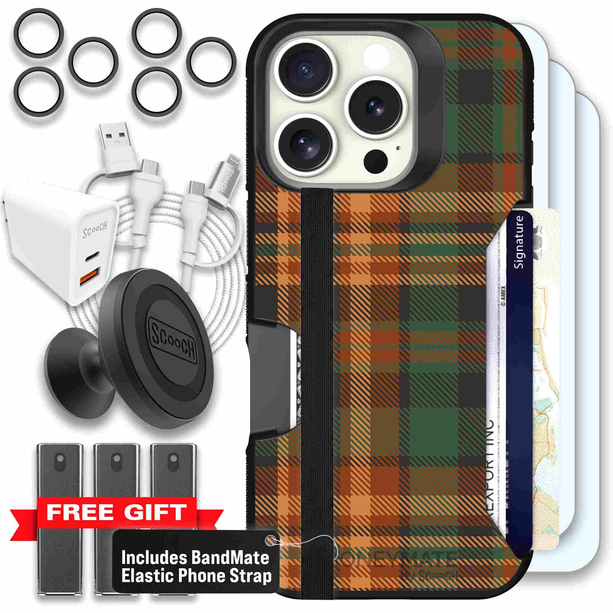 Fall Flannel orange and brown plaid pattern on a Scooch Moneymate case for iPhone 16 Pro - Ultimate Bundle