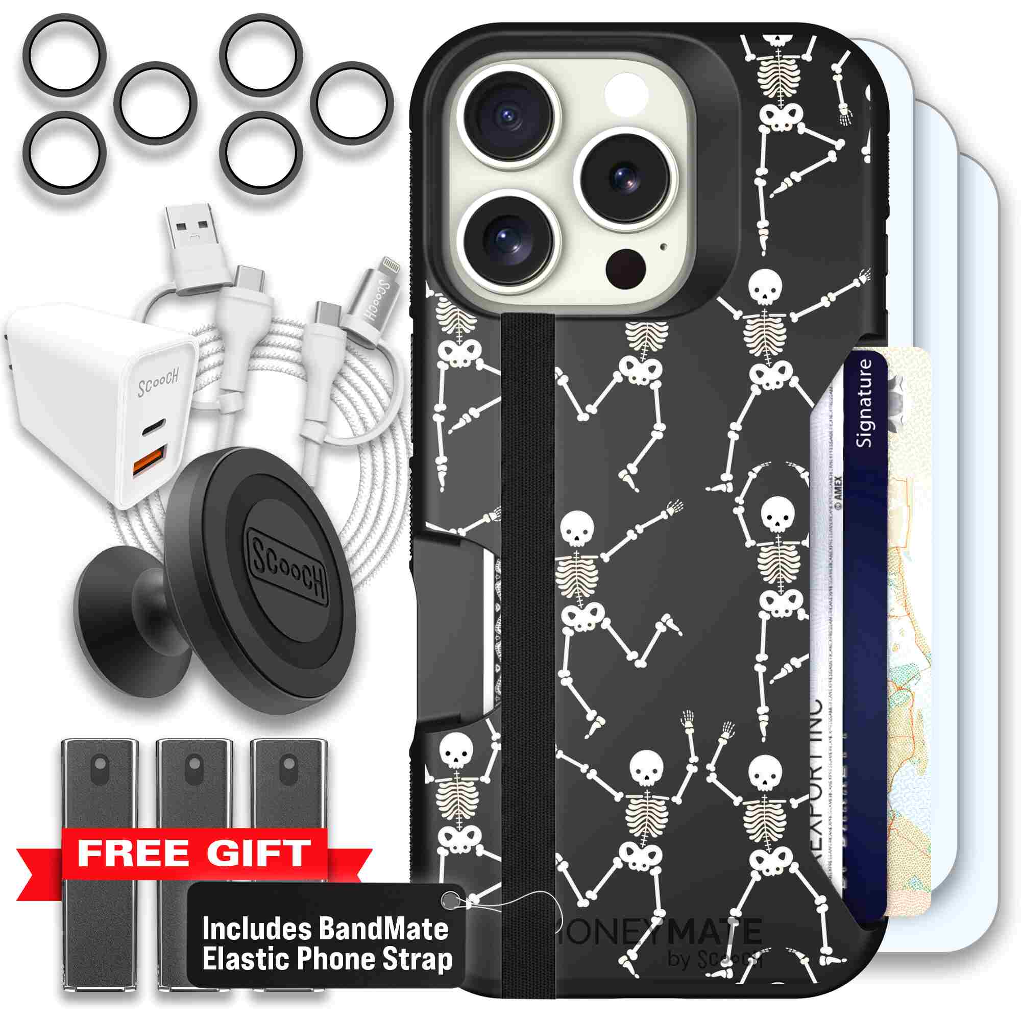 Swinging Skeletons white dancing skeleton pattern on a black Scooch Moneymate case for iPhone 16 Pro - Ultimate Bundle