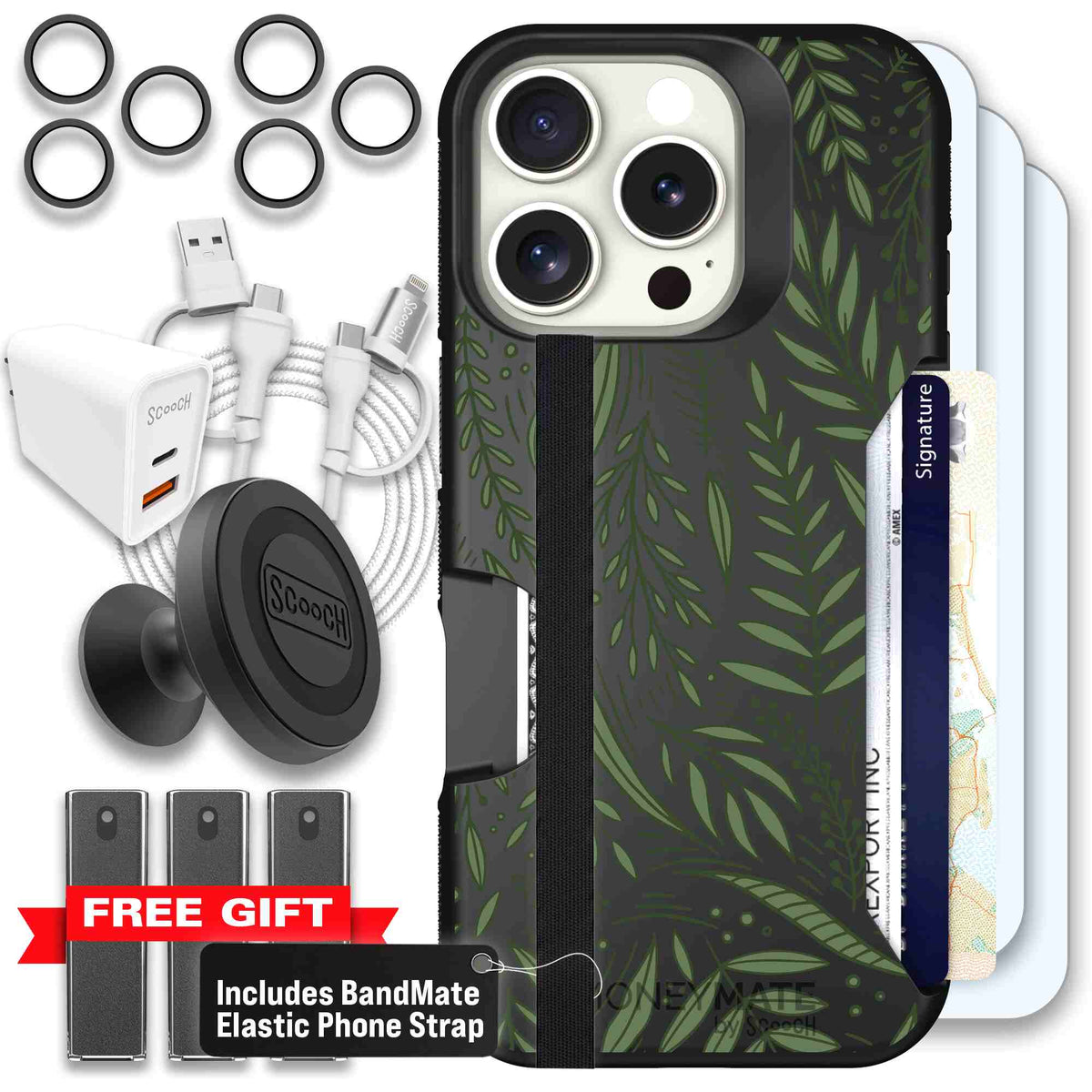 Willow Garden layered green leaves and branches on a charcoal Scooch Moneymate case for iPhone 16 Pro - Ultimate Bundle