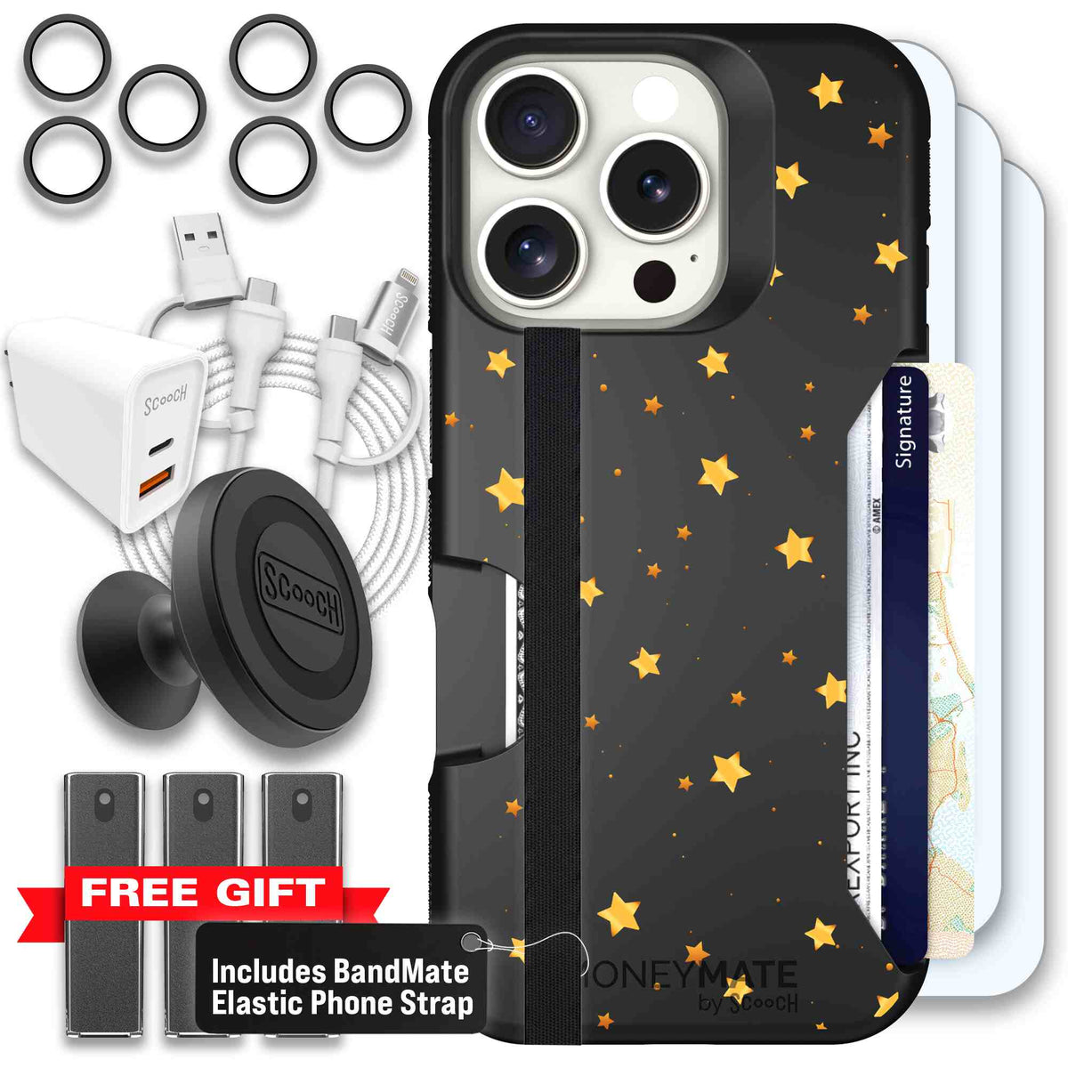 Gold Stars yellow and gold star pattern on a charcoal Scooch Moneymate case for iPhone 16 Pro - Ultimate Bundle