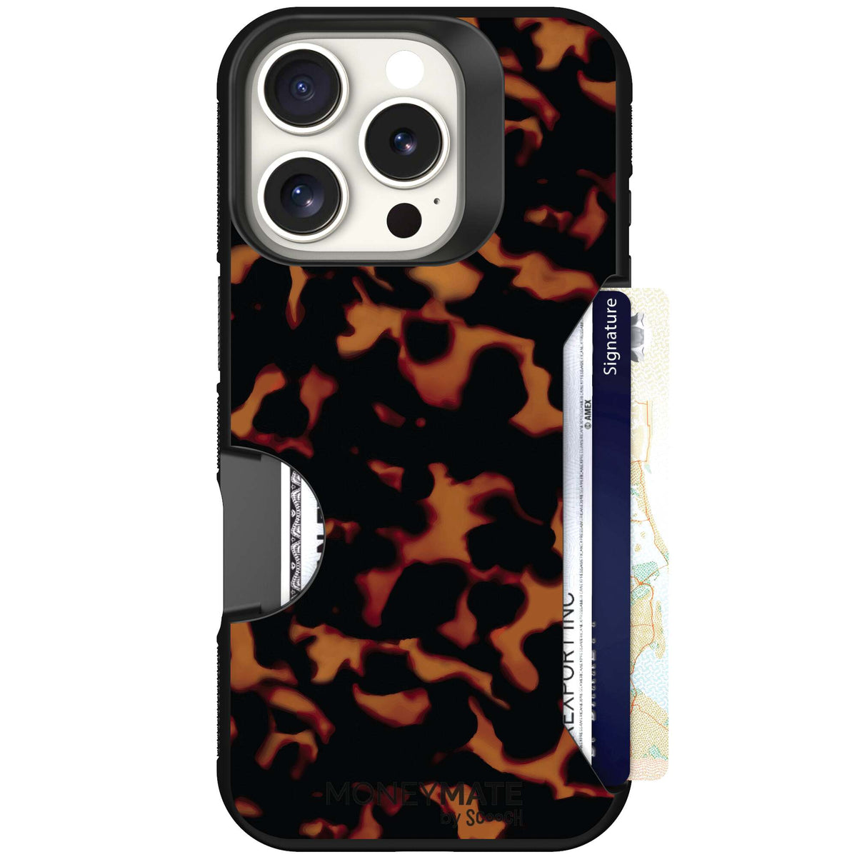 Tortoise Shell amber brown and black mottled pattern on a Scooch Moneymate case for iPhone 16 Pro