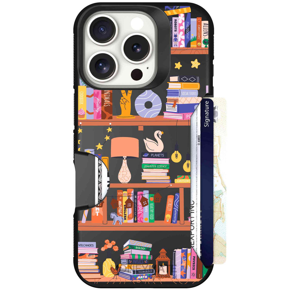 Little Library colorful book and bookshelf pattern on a Scooch Moneymate case for iPhone 16 Pro