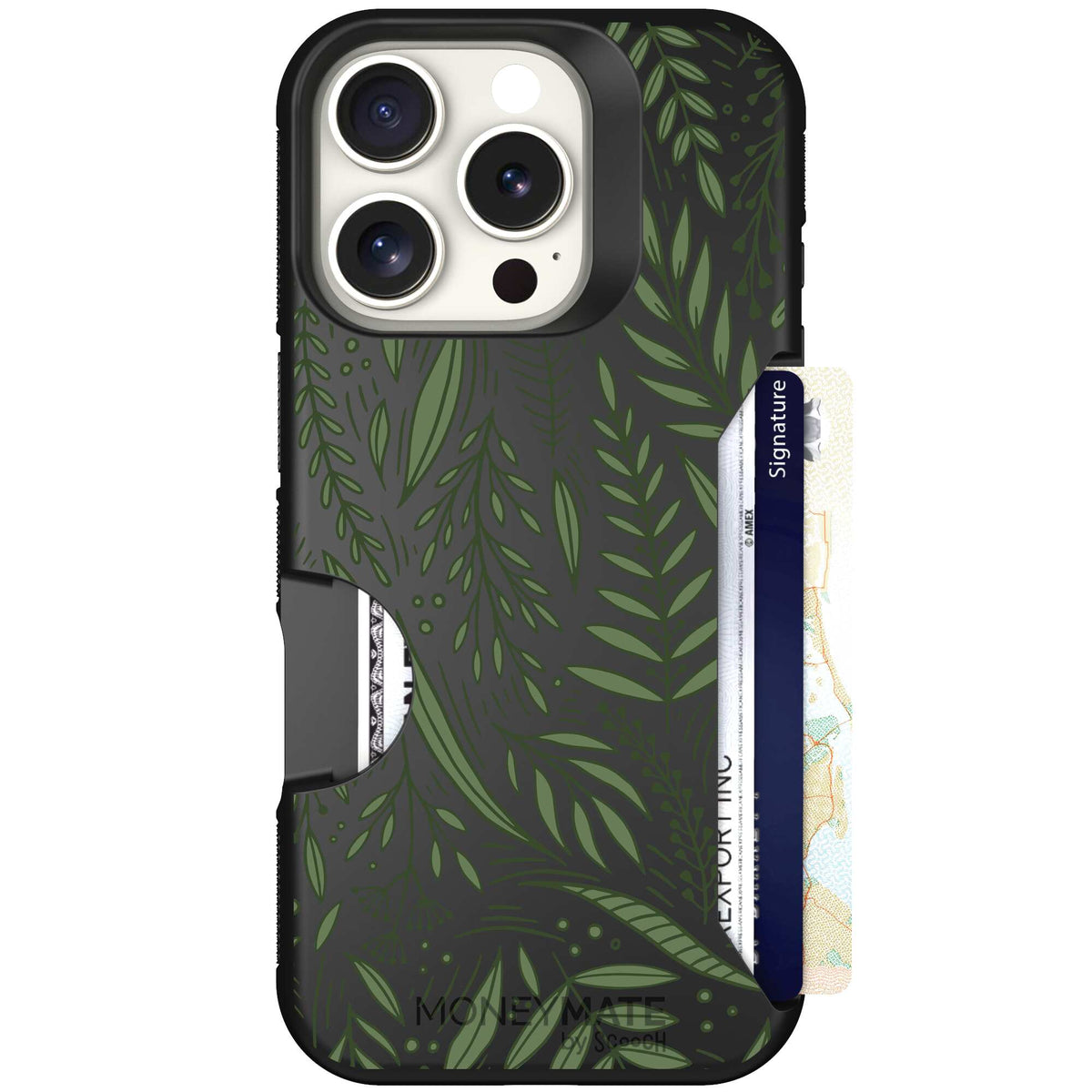Willow Garden layered green leaves and branches on a charcoal Scooch Moneymate case for iPhone 16 Pro