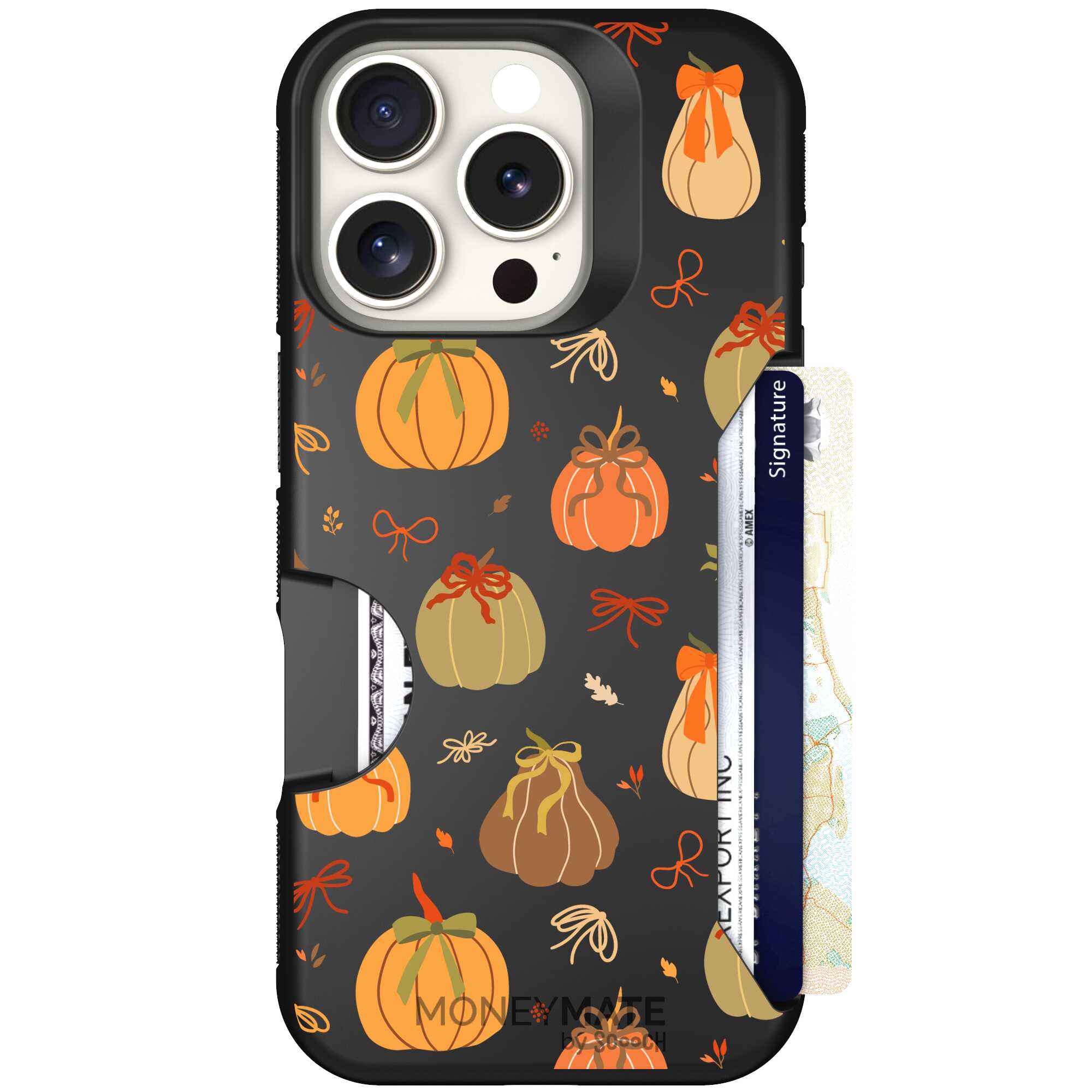 Pretty Pumpkins orange pumpkin and bow pattern on a Scooch Moneymate case for iPhone 16 Pro