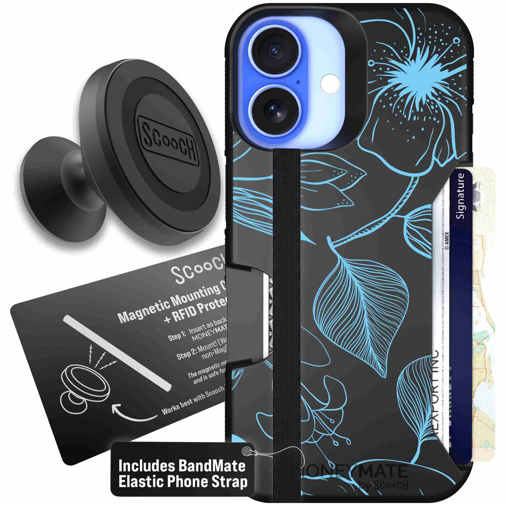 Blue Hibiscus cyan-blue tropical flower pattern on a charcoal Scooch Moneymate case for iPhone 16 - Starter Bundle