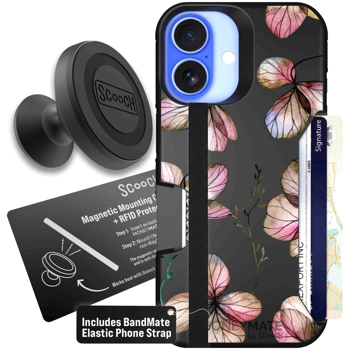 Dried Flowers blush mauve and cream floral pattern on a black Scooch Moneymate case for iPhone 16 - Starter Bundle