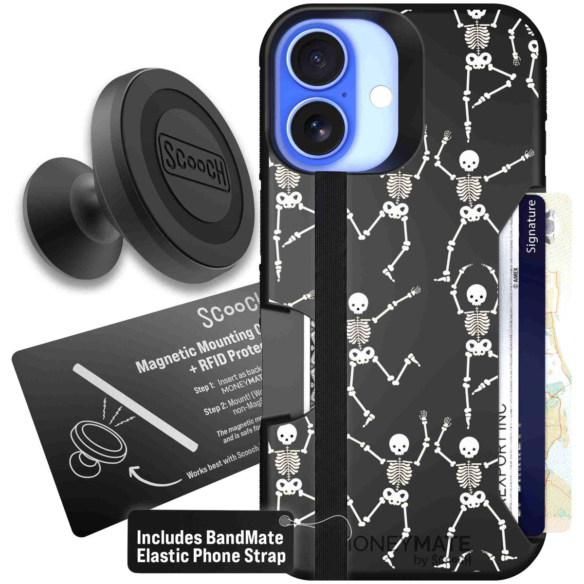 Swinging Skeletons white dancing skeleton pattern on a black Scooch Moneymate case for iPhone 16 - Starter Bundle