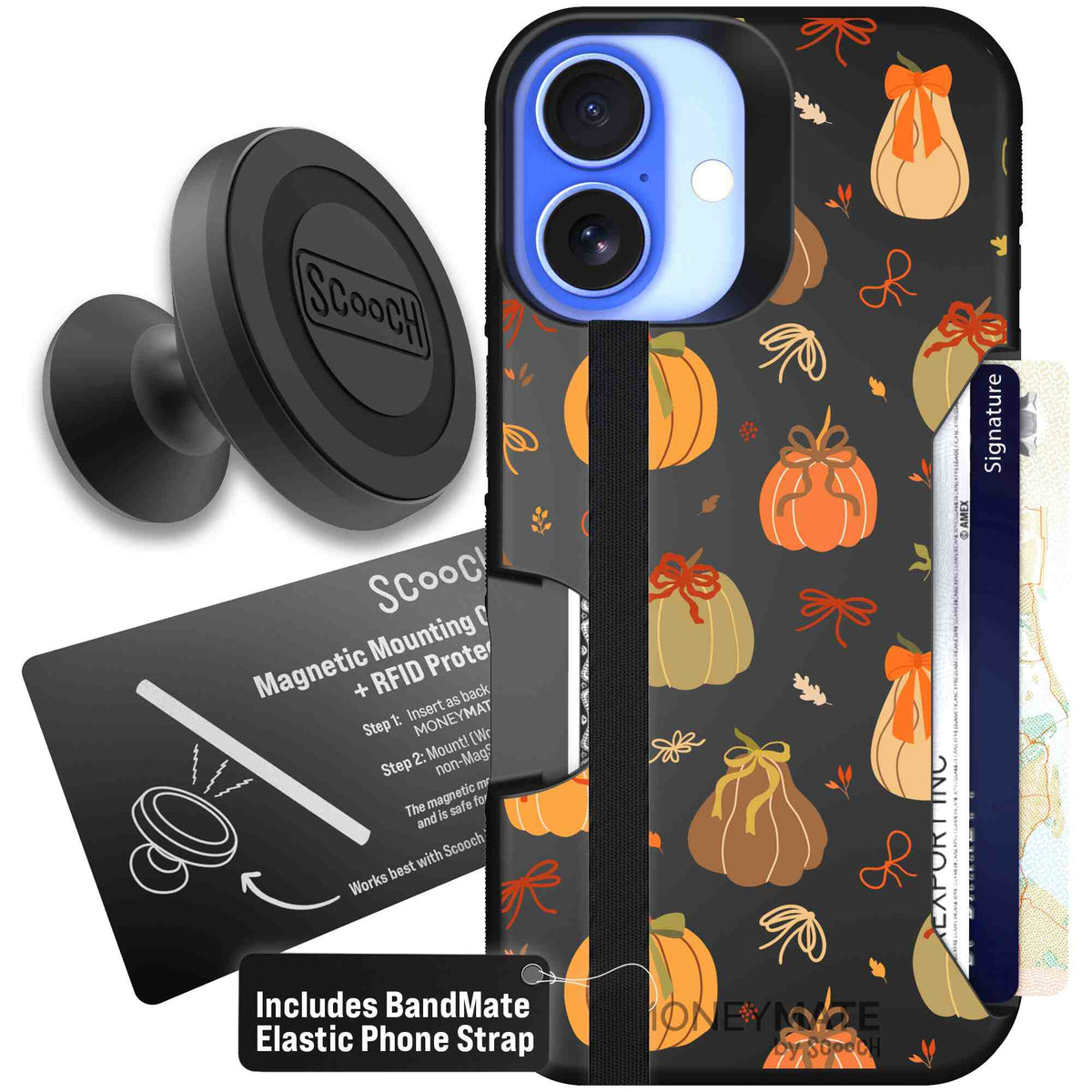 Pretty Pumpkins orange pumpkin and bow pattern on a Scooch Moneymate case for iPhone 16 - Starter Bundle