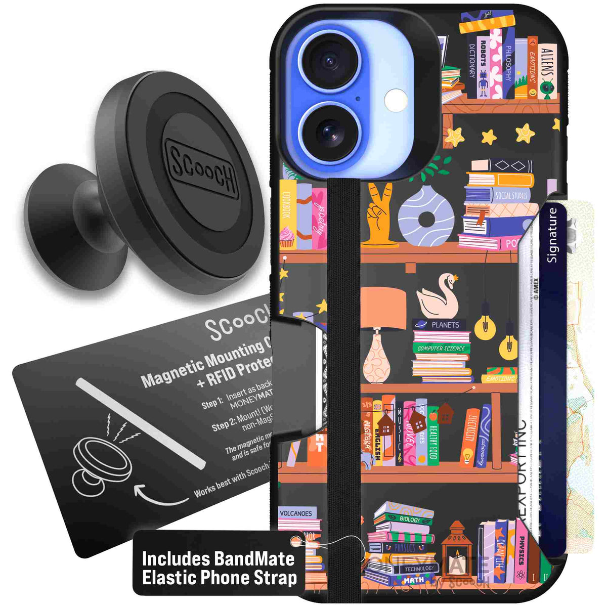 Little Library colorful book and bookshelf pattern on a Scooch Moneymate case for iPhone 16 - Starter Bundle