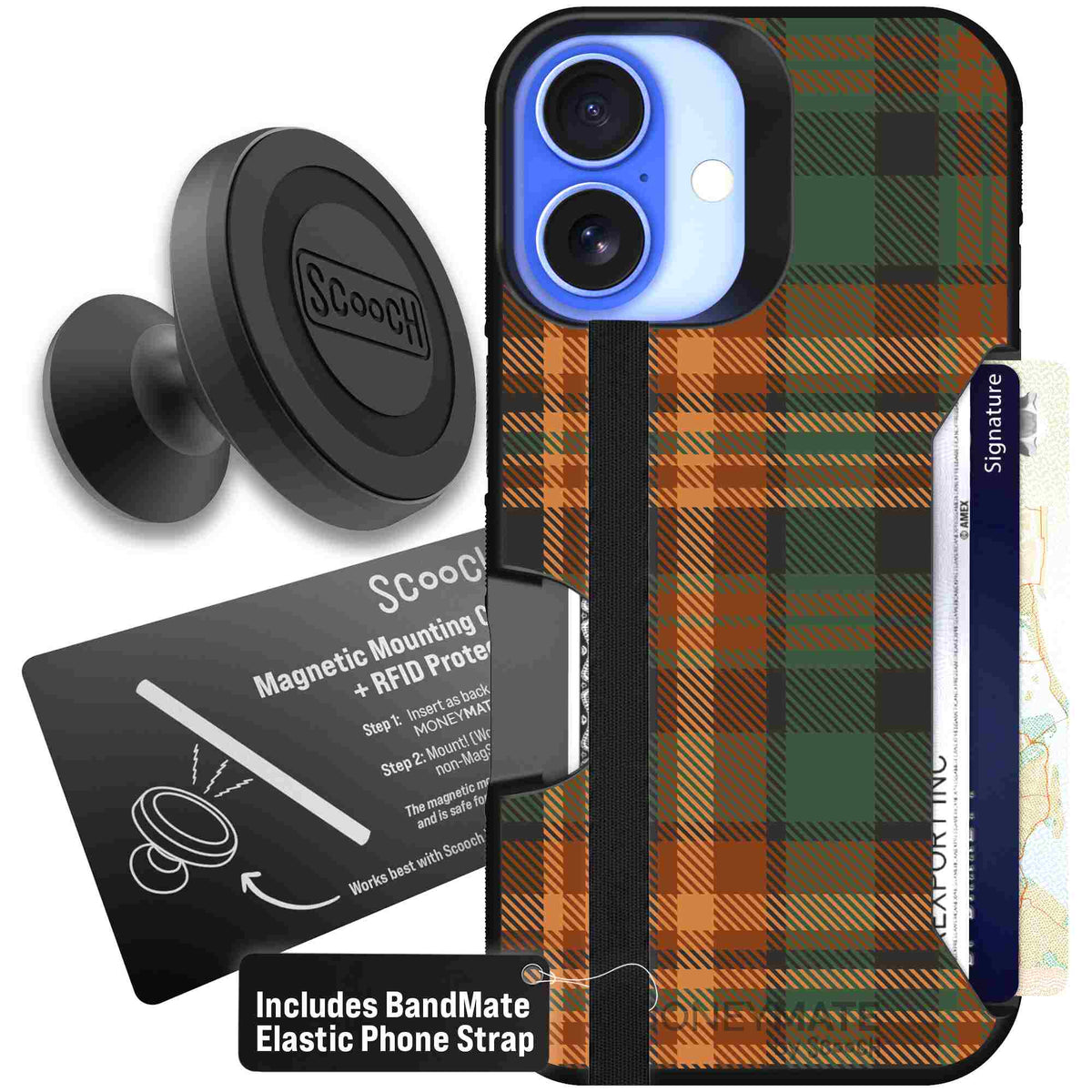 Fall Flannel orange and brown plaid pattern on a Scooch Moneymate case for iPhone 16 - Starter Bundle