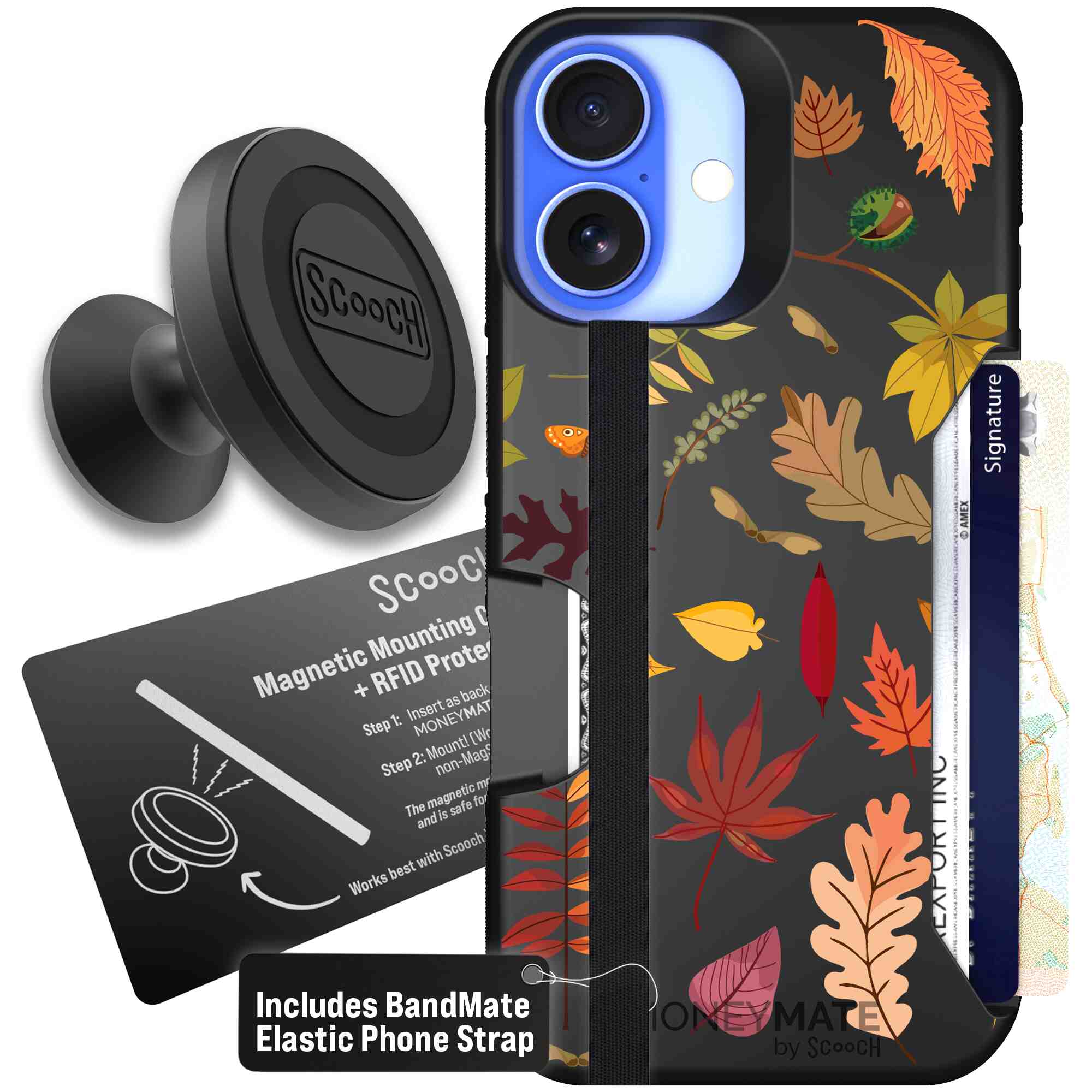 Autumn Leaves multicolored fall foliage pattern on a charcoal Scooch Moneymate case for iPhone 16 - Starter Bundle