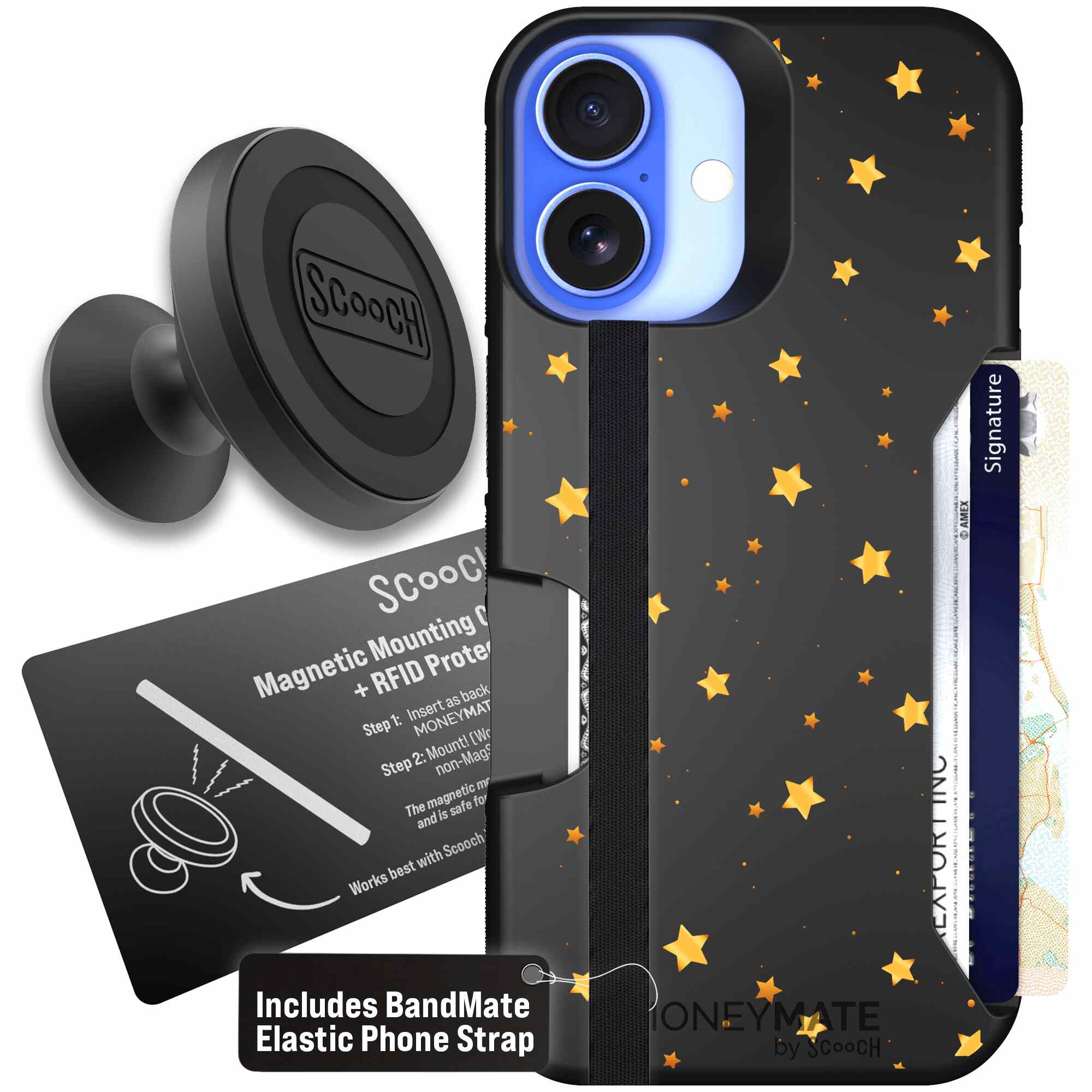 Gold Stars yellow and gold star pattern on a charcoal Scooch Moneymate case for iPhone 16 - Starter Bundle