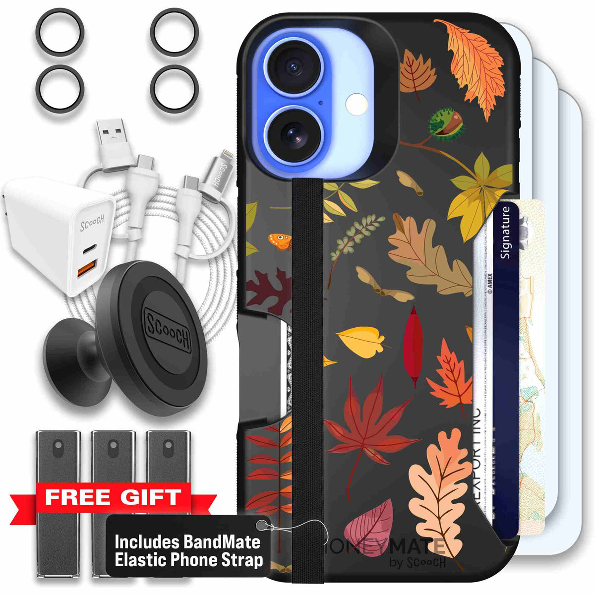 Autumn Leaves multicolored fall foliage pattern on a charcoal Scooch Moneymate case for iPhone 16 - Ultimate Bundle