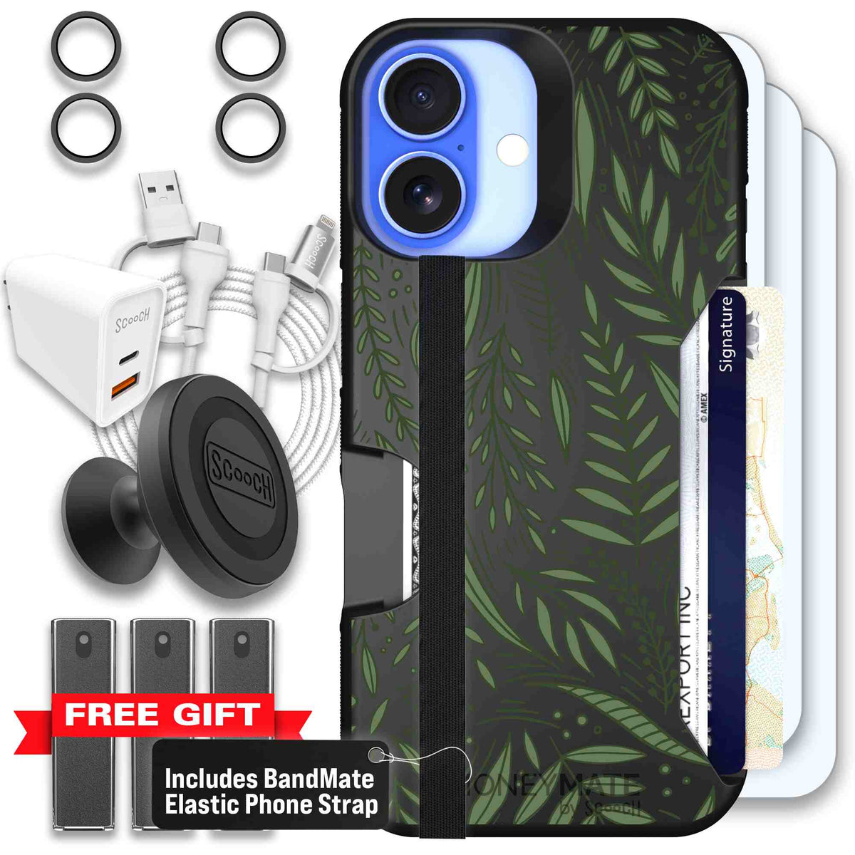 Willow Garden layered green leaves and branches on a charcoal Scooch Moneymate case for iPhone 16 - Ultimate Bundle