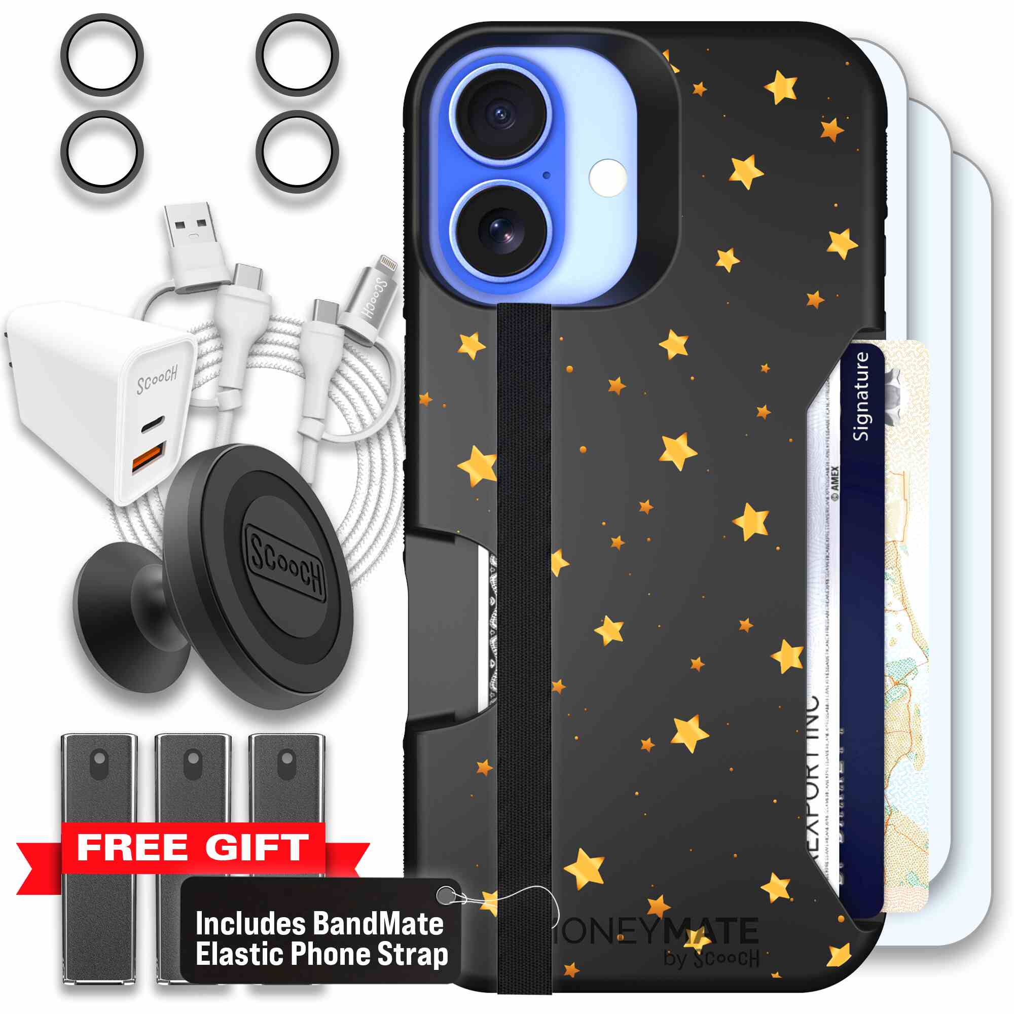 Gold Stars yellow and gold star pattern on a charcoal Scooch Moneymate case for iPhone 16 - Ultimate Bundle
