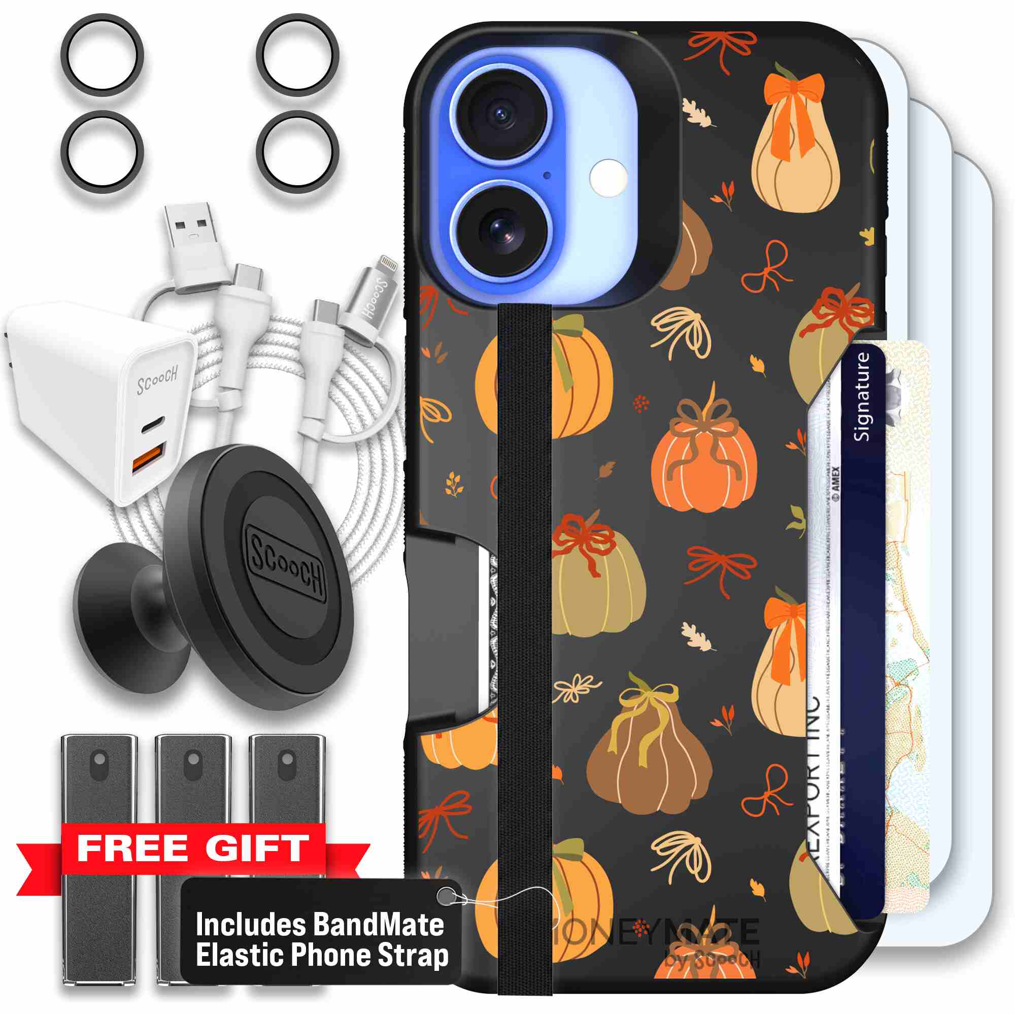 Pretty Pumpkins orange pumpkin and bow pattern on a Scooch Moneymate case for iPhone 16 - Ultimate Bundle