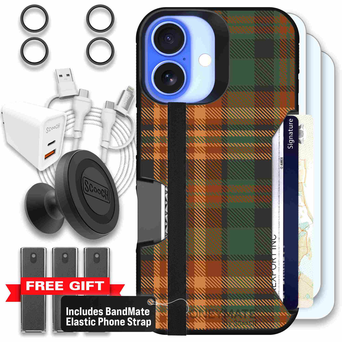 Fall Flannel orange and brown plaid pattern on a Scooch Moneymate case for iPhone 16 - Ultimate Bundle