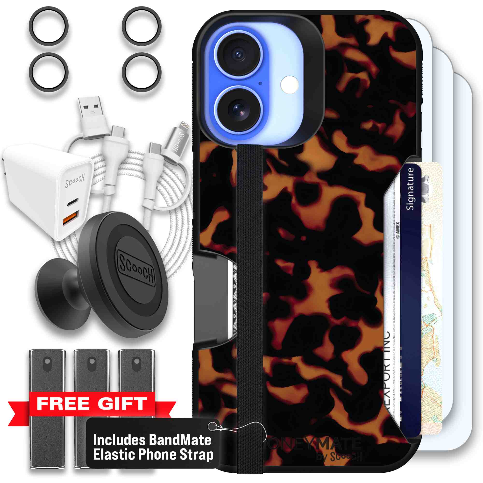 Tortoise Shell amber brown and black mottled pattern on a Scooch Moneymate case for iPhone 16 - Ultimate Bundle