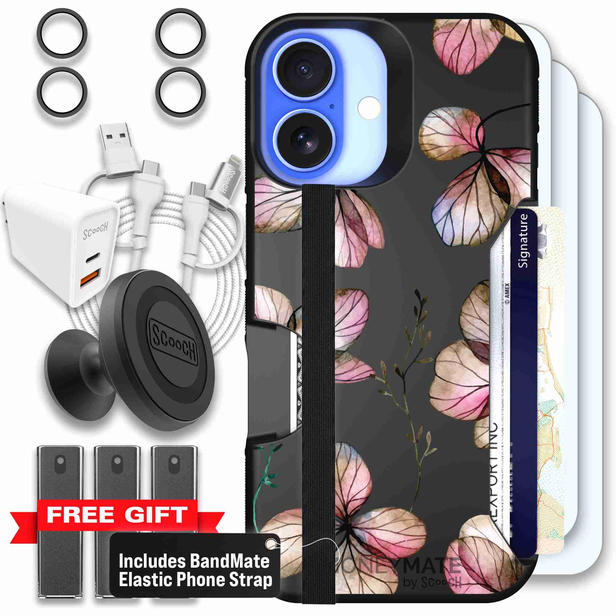 Dried Flowers blush mauve and cream floral pattern on a black Scooch Moneymate case for iPhone 16 - Ultimate Bundle