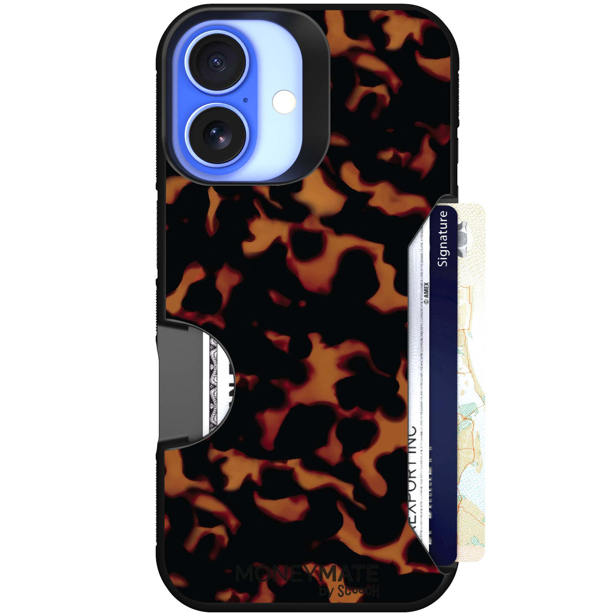 Tortoise Shell amber brown and black mottled pattern on a Scooch Moneymate case for iPhone 16