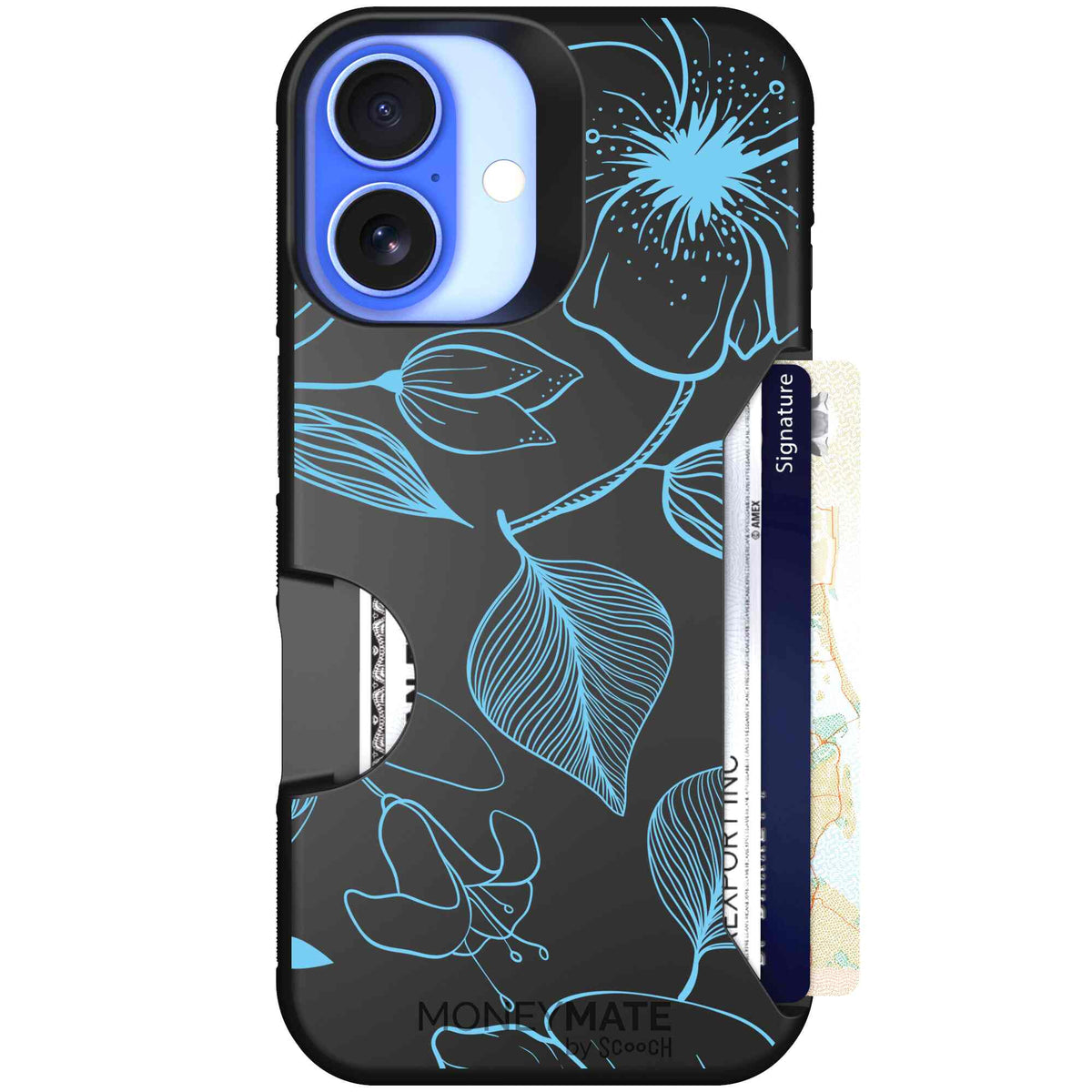Blue Hibiscus cyan-blue tropical flower pattern on a charcoal Scooch Moneymate case for iPhone 16
