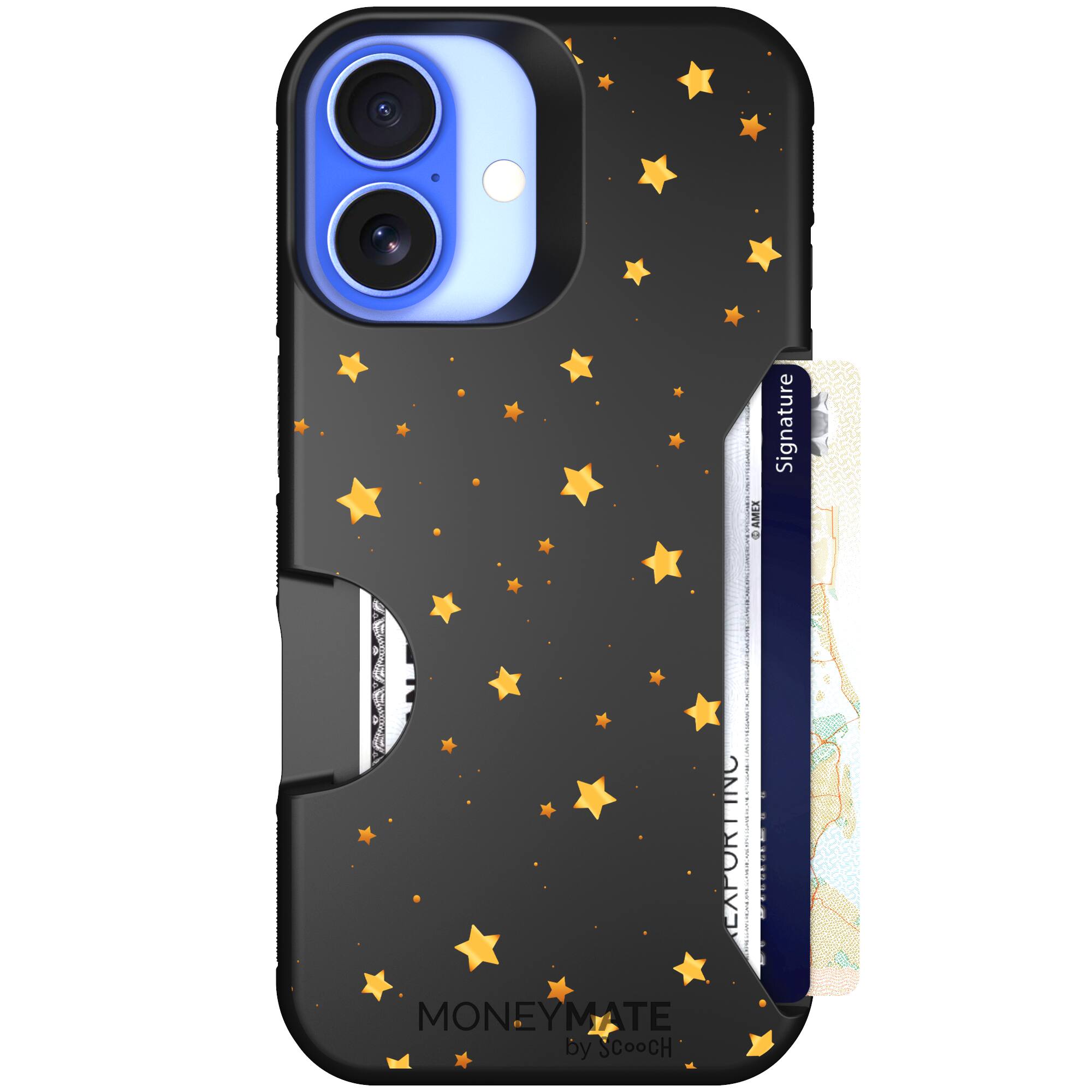 Gold Stars yellow and gold star pattern on a charcoal Scooch Moneymate case for iPhone 16