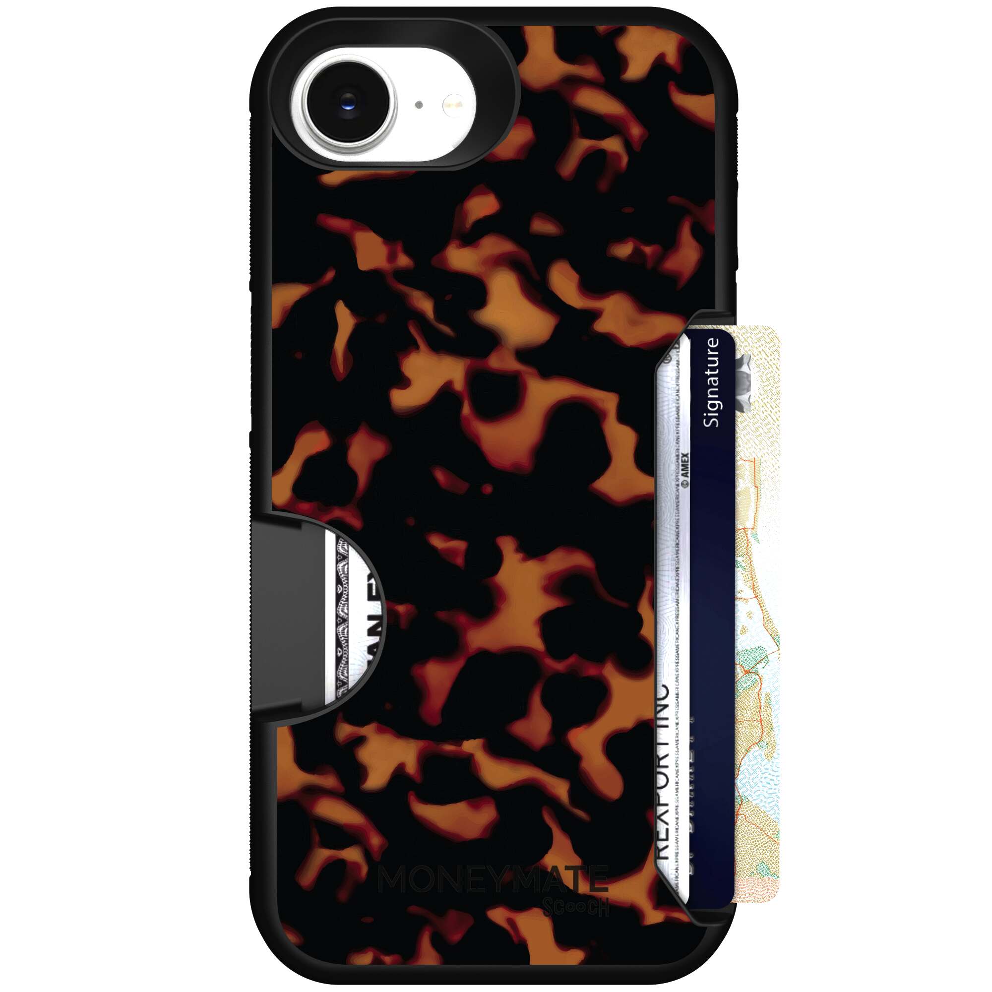 Tortoise Shell amber brown and black mottled pattern on a Scooch Moneymate case for iPhone 17e