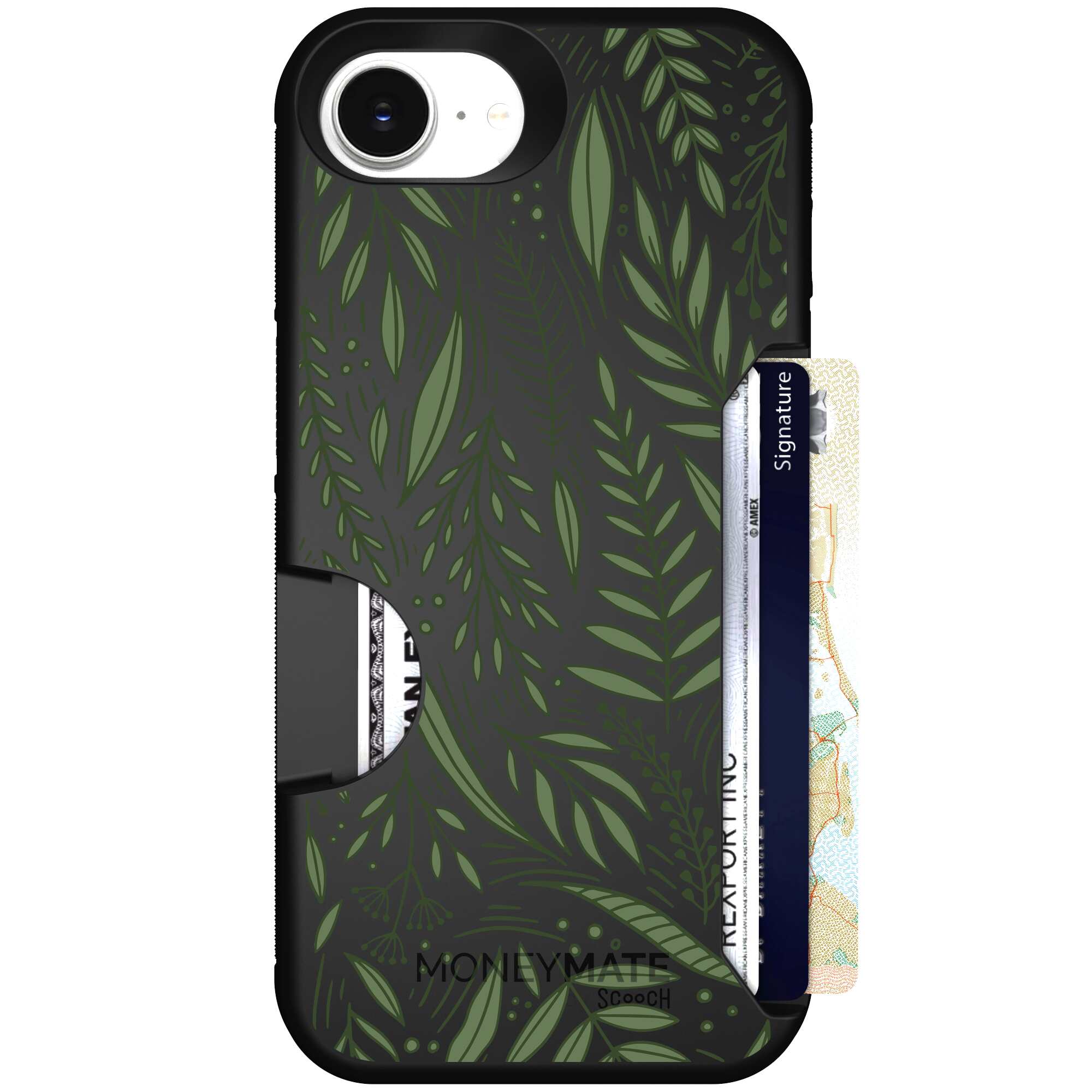Willow Garden layered green leaves and branches on a charcoal Scooch Moneymate case for iPhone 17e