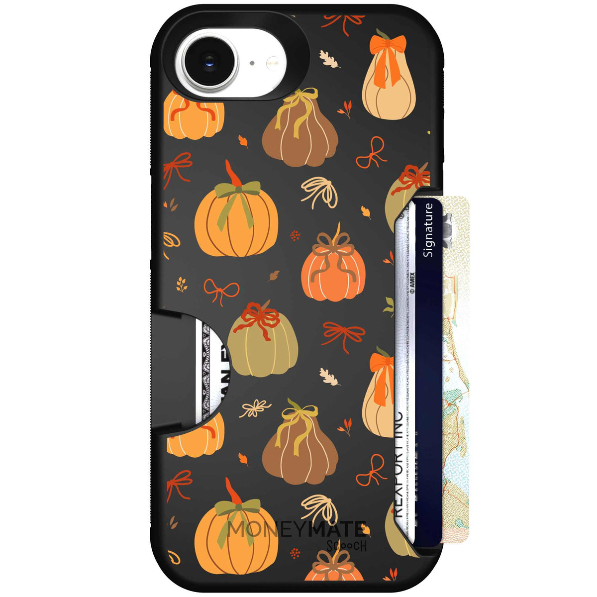 Pretty Pumpkins orange pumpkin and bow pattern on a Scooch Moneymate case for iPhone 17e