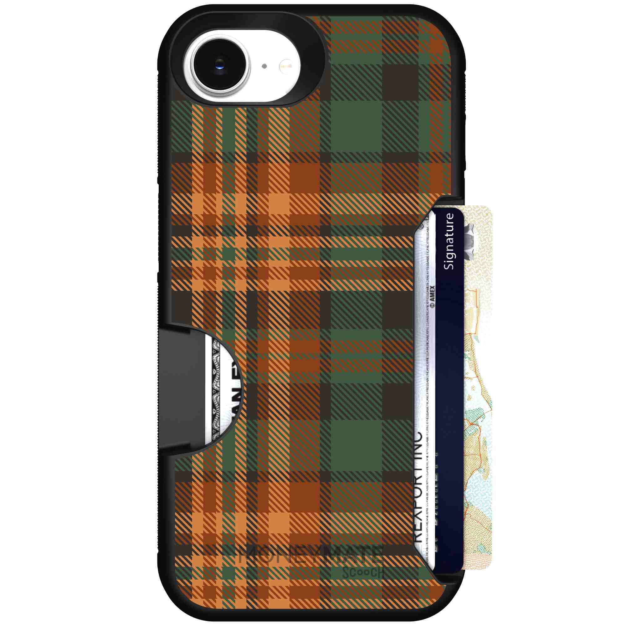 Fall Flannel orange and brown plaid pattern on a Scooch Moneymate case for iPhone 17e
