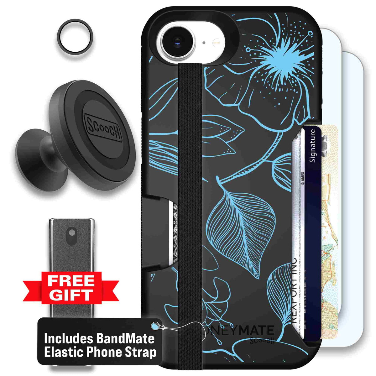 Blue Hibiscus cyan-blue tropical flower pattern on a charcoal Scooch Moneymate case for iPhone 17e - Defender Bundle