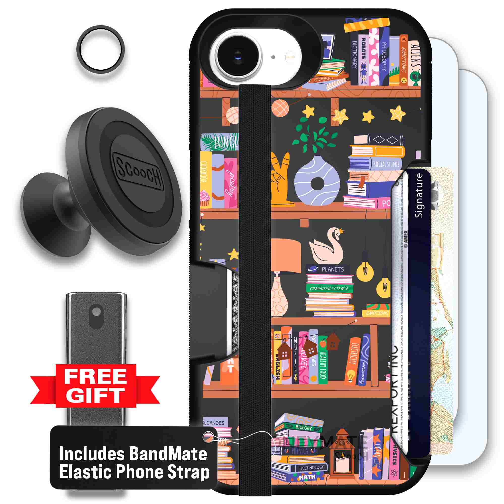 Little Library colorful book and bookshelf pattern on a Scooch Moneymate case for iPhone 17e - Defender Bundle