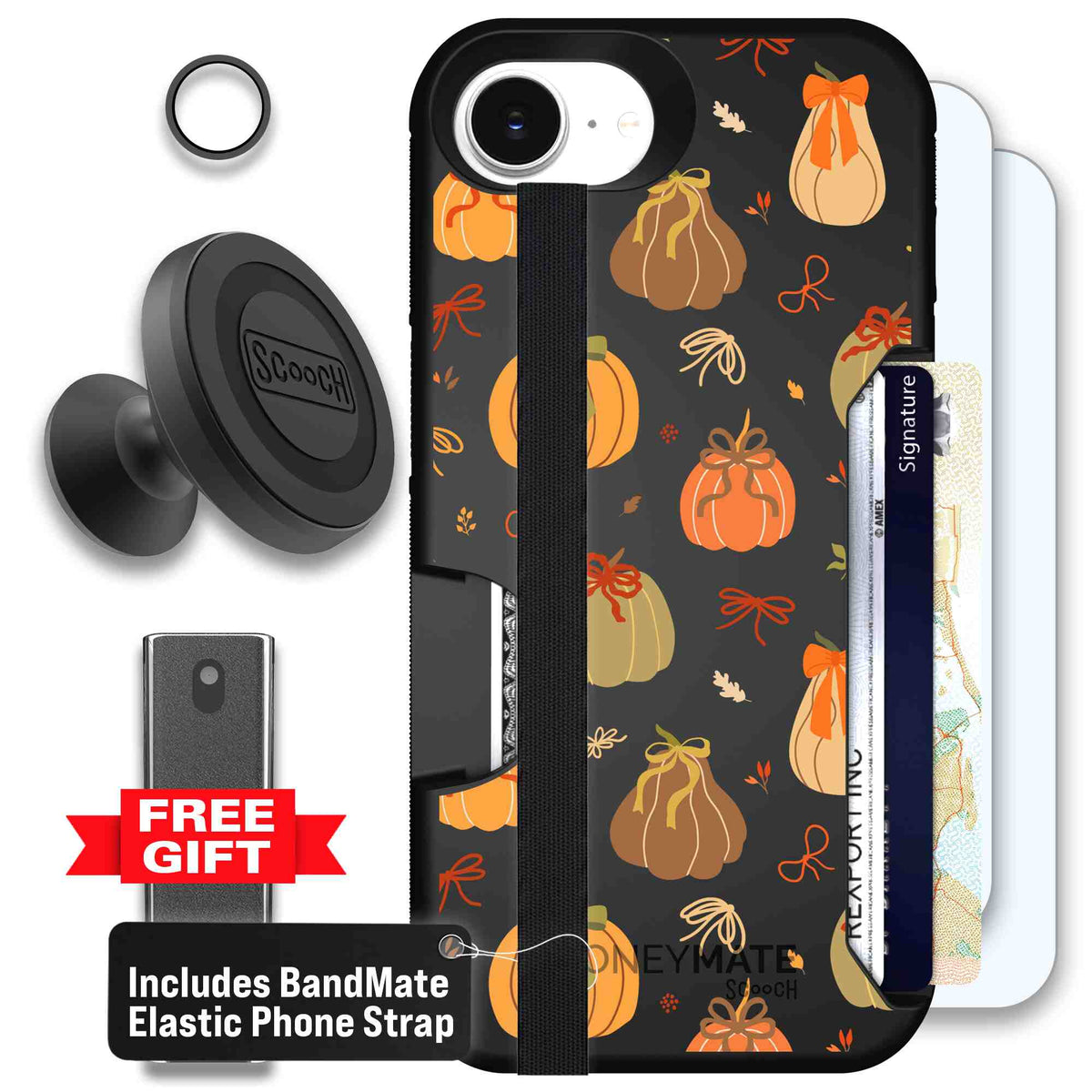 Pretty Pumpkins orange pumpkin and bow pattern on a Scooch Moneymate case for iPhone 17e - Defender Bundle
