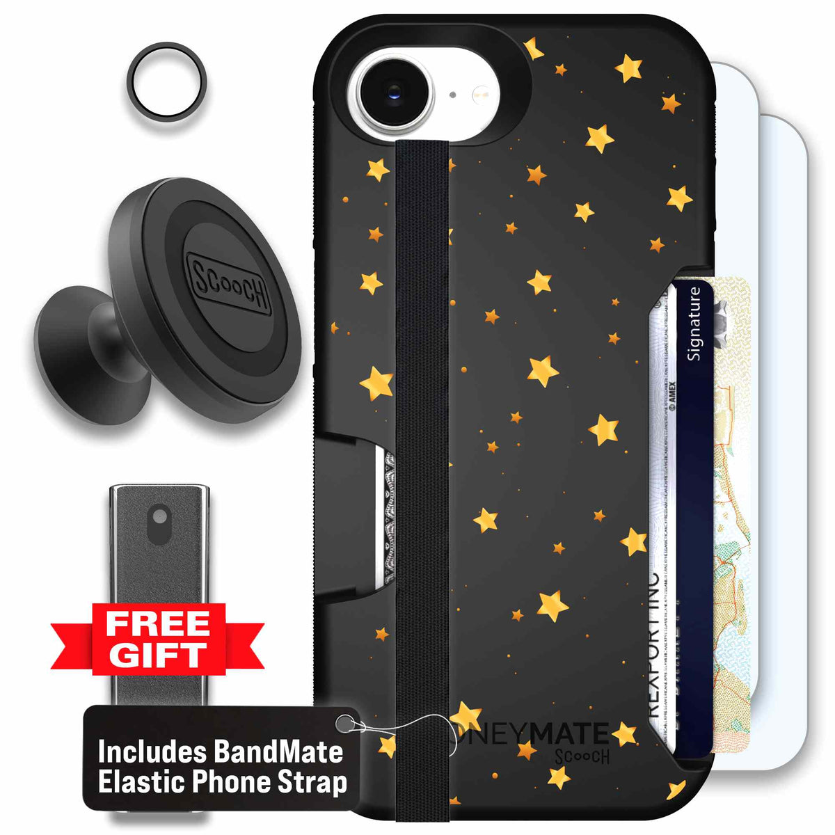 Gold Stars yellow and gold star pattern on a charcoal Scooch Moneymate case for iPhone 17e - Defender Bundle