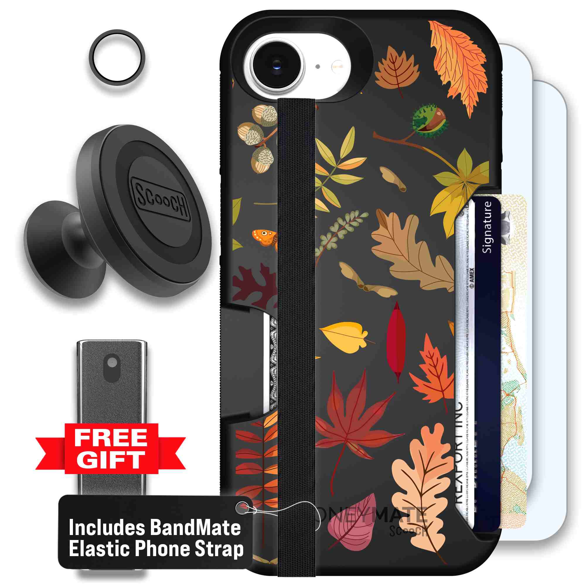 Autumn Leaves multicolored fall foliage pattern on a charcoal Scooch Moneymate case for iPhone 17e - Defender Bundle