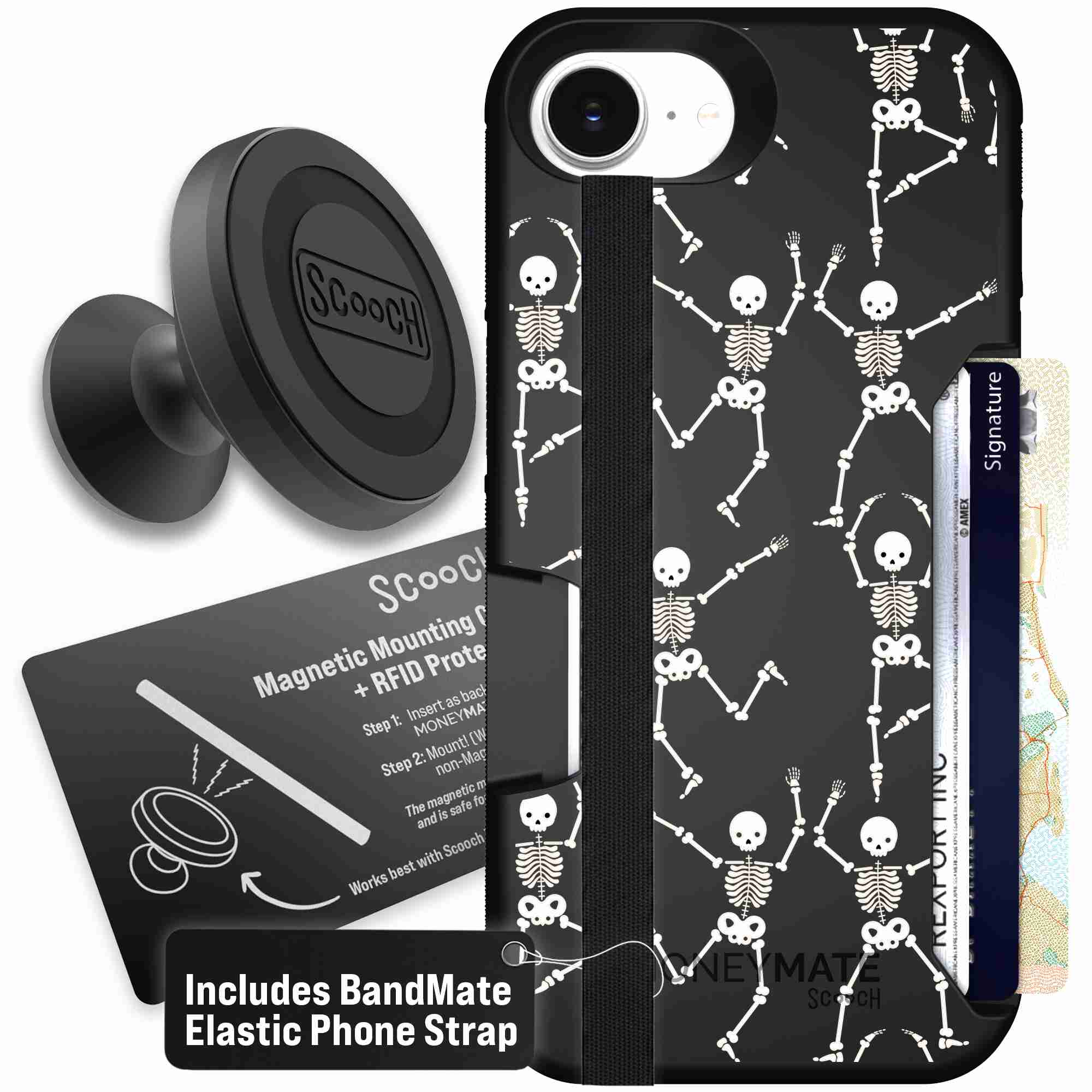 Swinging Skeletons white dancing skeleton pattern on a black Scooch Moneymate case for iPhone 17e - Starter Bundle