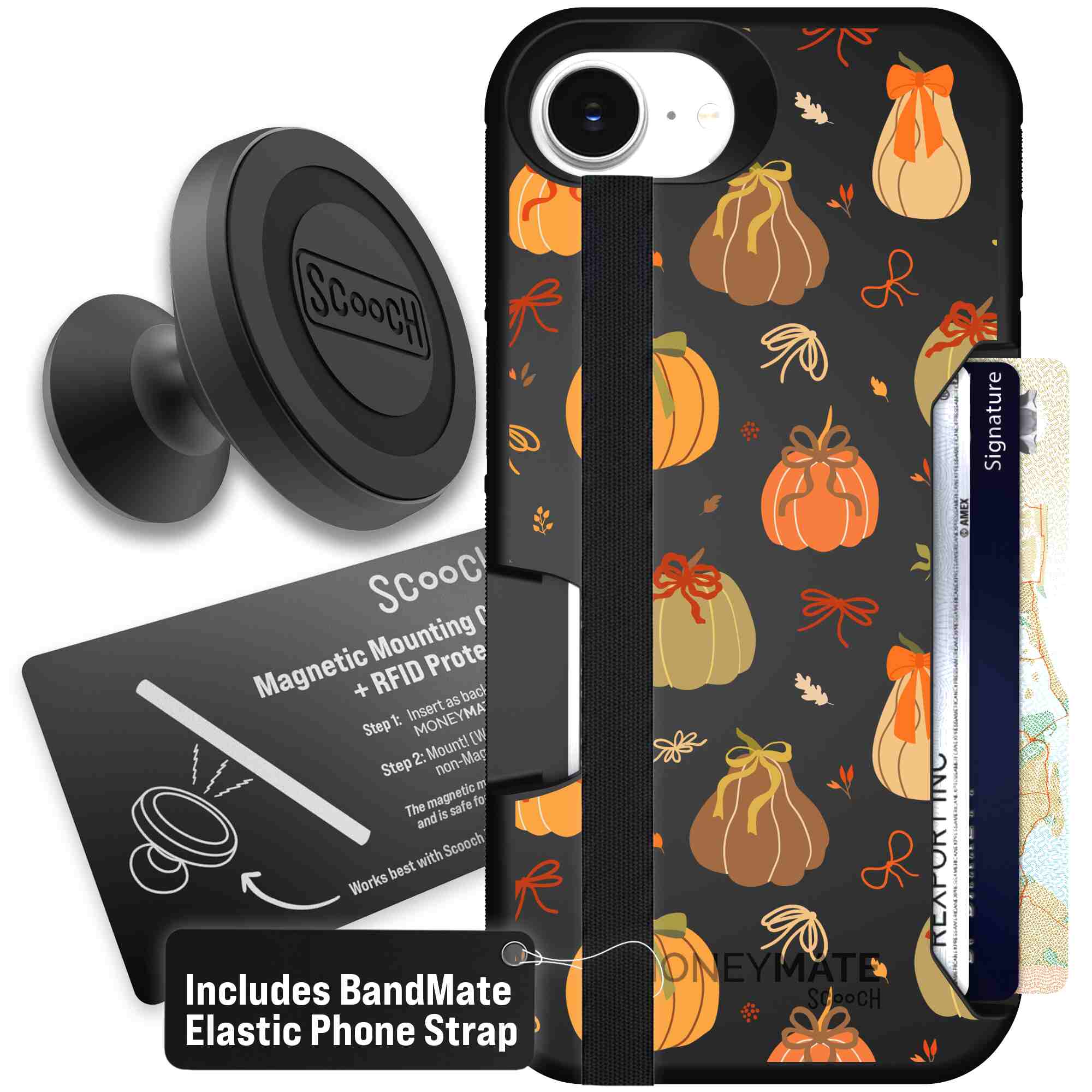 Pretty Pumpkins orange pumpkin and bow pattern on a Scooch Moneymate case for iPhone 17e - Starter Bundle