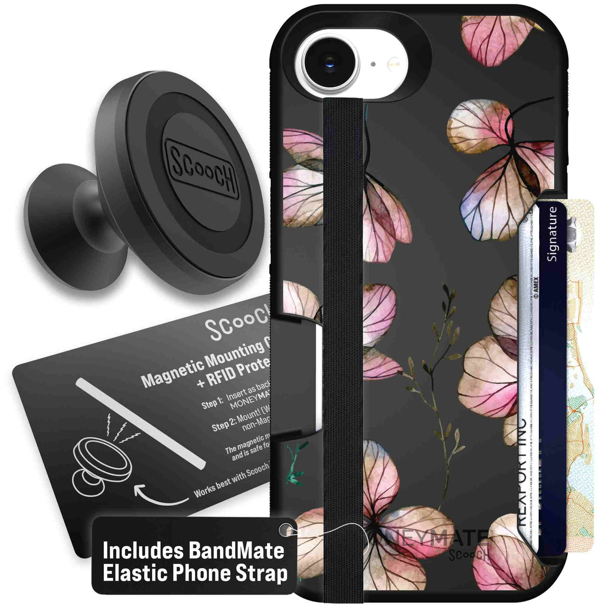 Dried Flowers blush mauve and cream floral pattern on a black Scooch Moneymate case for iPhone 17e - Starter Bundle