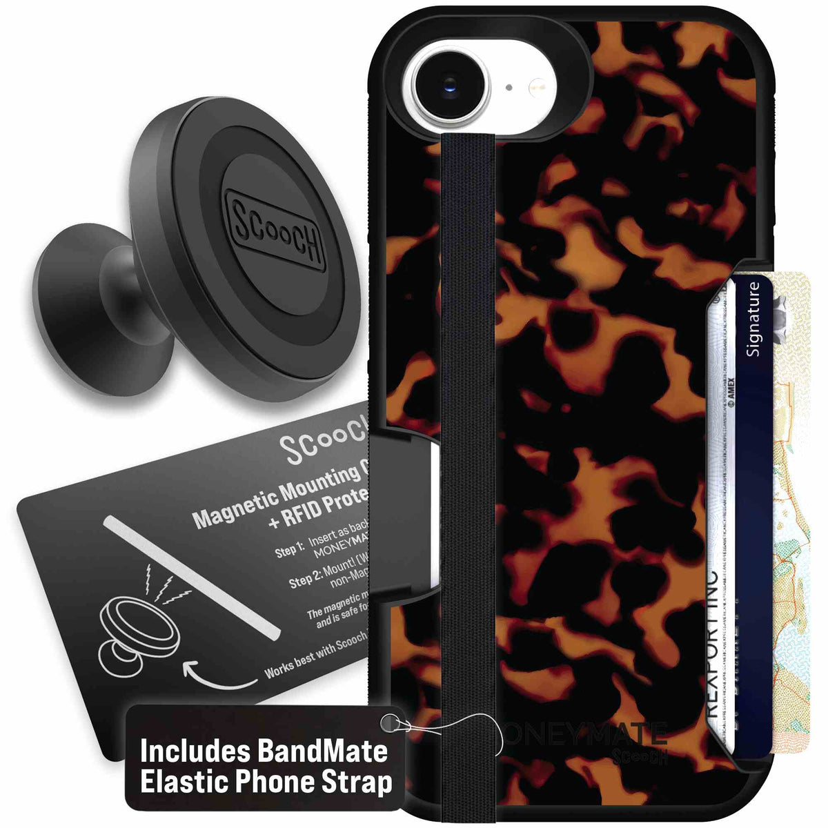 Tortoise Shell amber brown and black mottled pattern on a Scooch Moneymate case for iPhone 17e - Starter Bundle