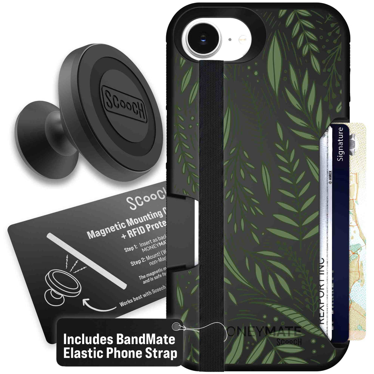 Willow Garden layered green leaves and branches on a charcoal Scooch Moneymate case for iPhone 17e - Starter Bundle