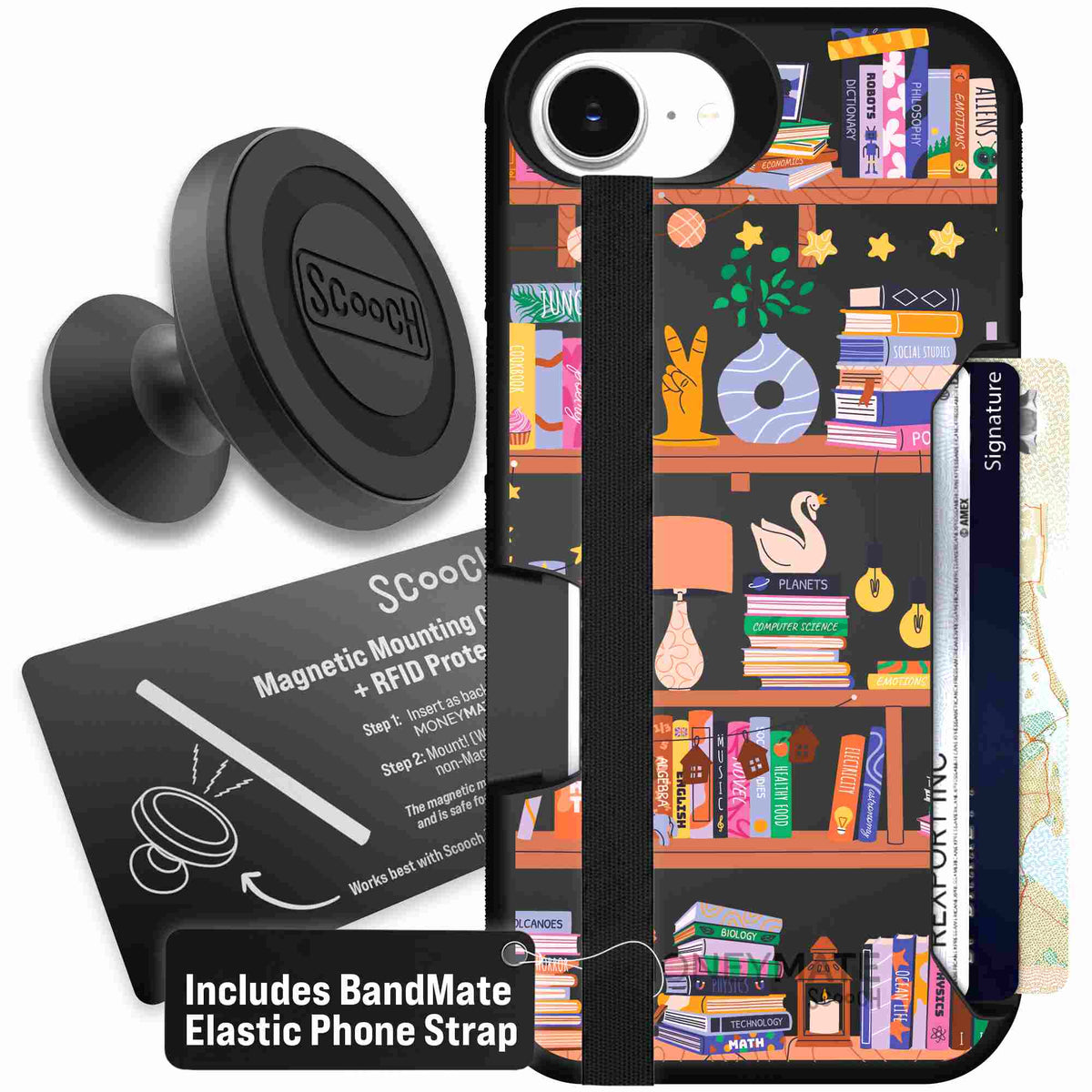 Little Library colorful book and bookshelf pattern on a Scooch Moneymate case for iPhone 17e - Starter Bundle
